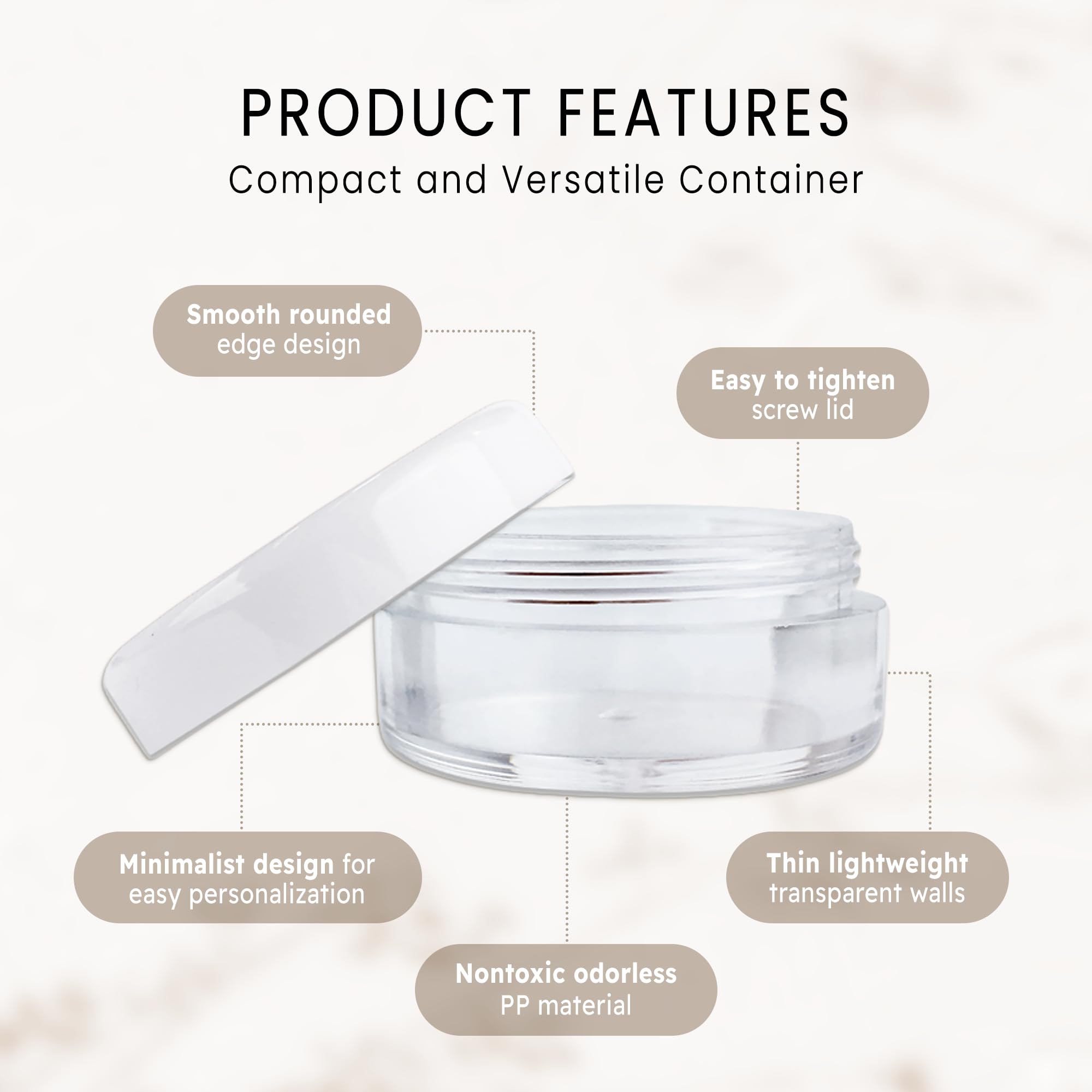 PANA Beauticom 5G/5ML Round Jars – Clear with White Lids, 200-Pack