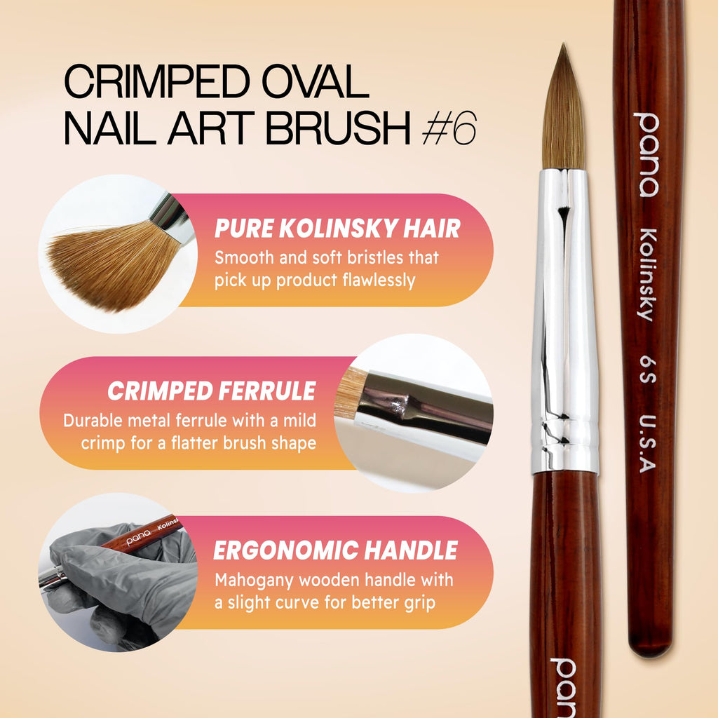 PANA Pure Kolinsky Oval Crimped Acrylic Nail Brush – Size 6, Mahogany Handle