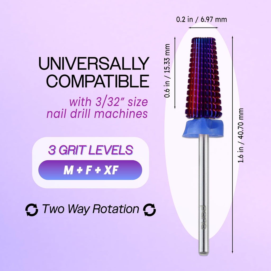 PANA Nail Carbide 5-in-1 Bit – Two-Way Rotation, Left/Right Handed, Acrylic & Hard Gel Removal, 3/32 Shank, Purple (Medium)