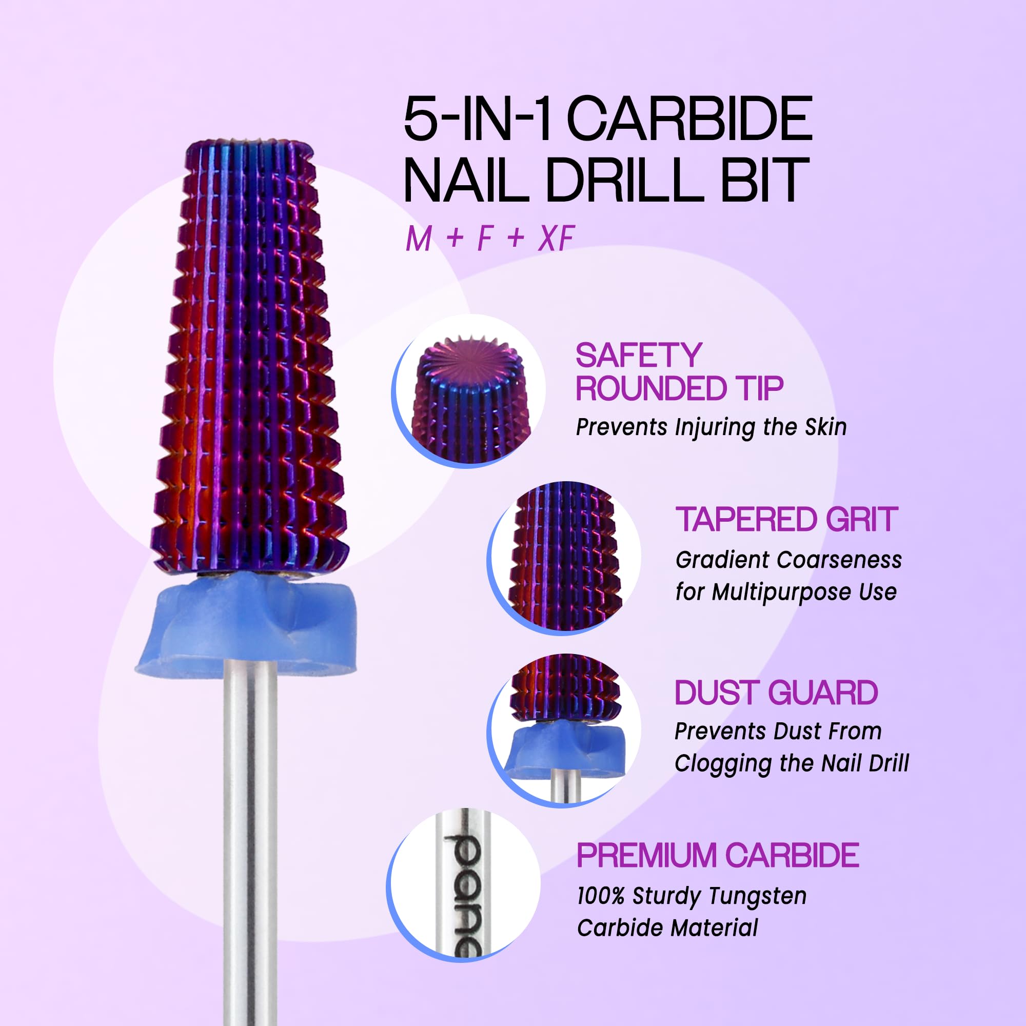 PANA Nail Carbide 5-in-1 Bit – Two-Way Rotation, Left/Right Handed, Acrylic & Hard Gel Removal, 3/32 Shank, Purple (Medium)