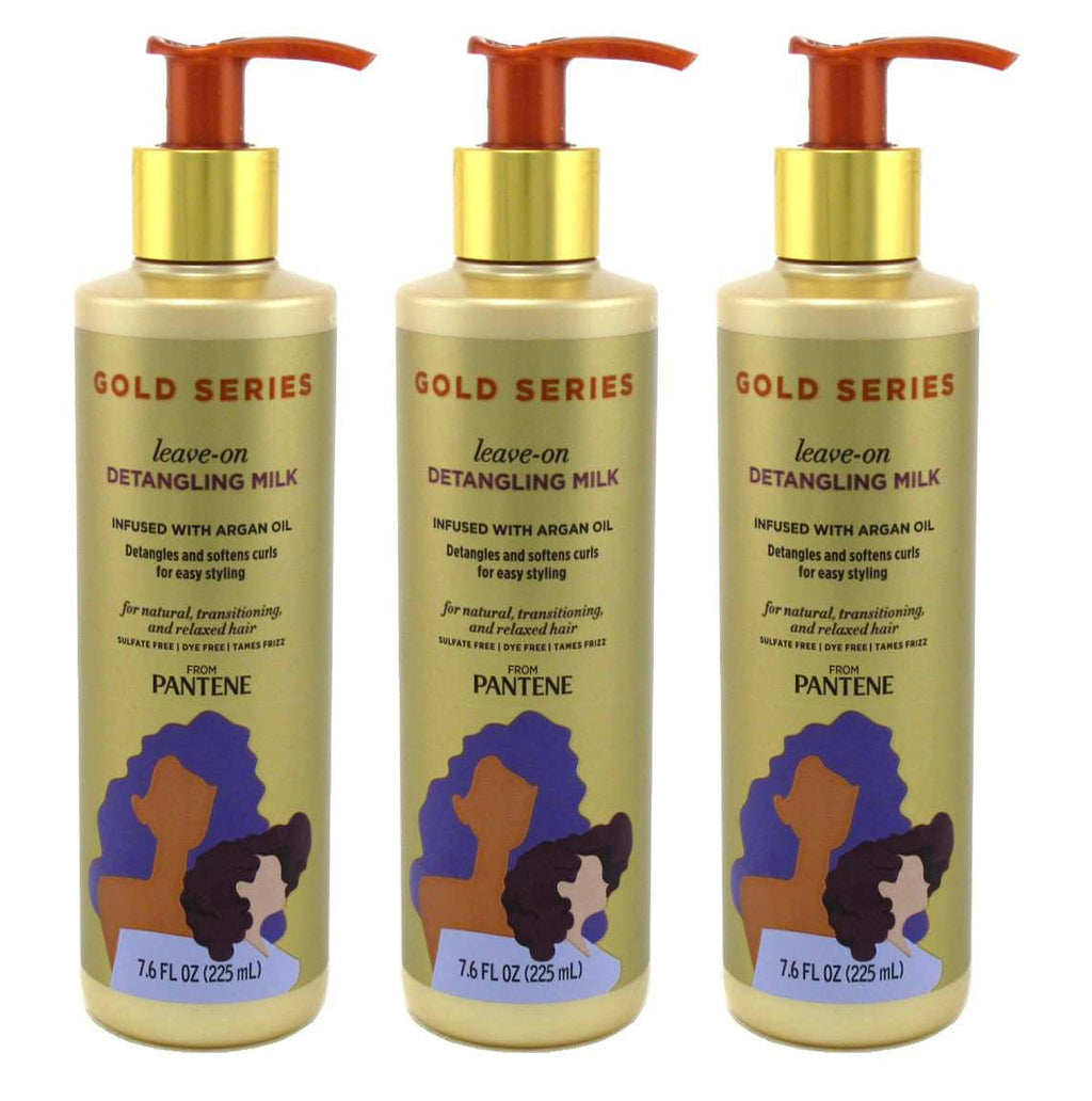 Pantene Gold Series Leave-In Detangling Milk 3-Pack – 7.6 oz Each | Argan Oil, Sulfate & Dye Free