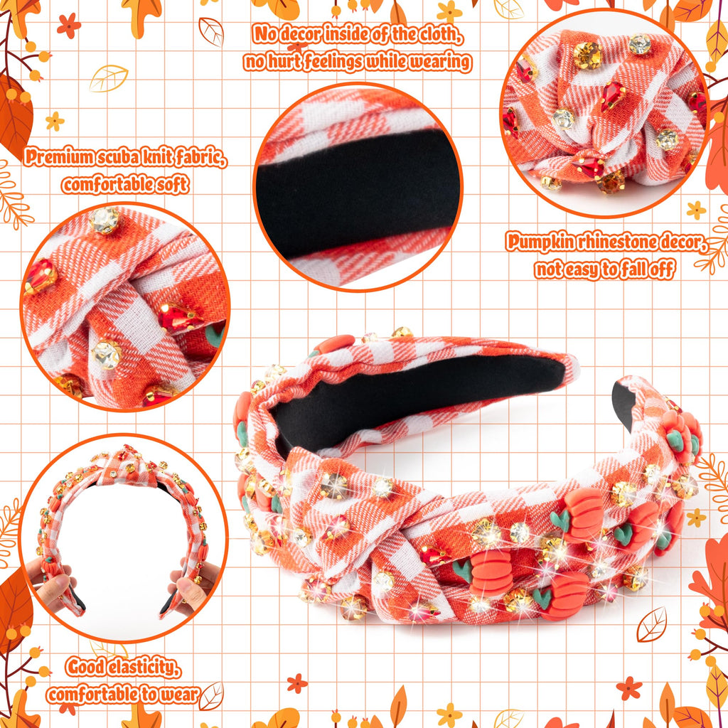PANTIDE Thanksgiving Jeweled Knotted Headband — Pumpkin Rhinestone Crystal Embellished Hair Accessory