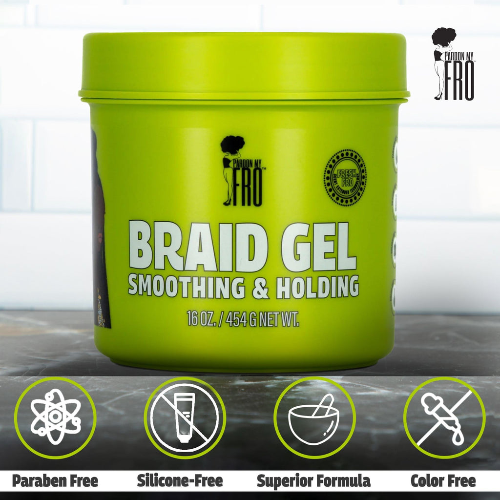 Pardon My Fro Braiding Gel - Strong Hold, Sleek Edges & No Flakes - 16 oz