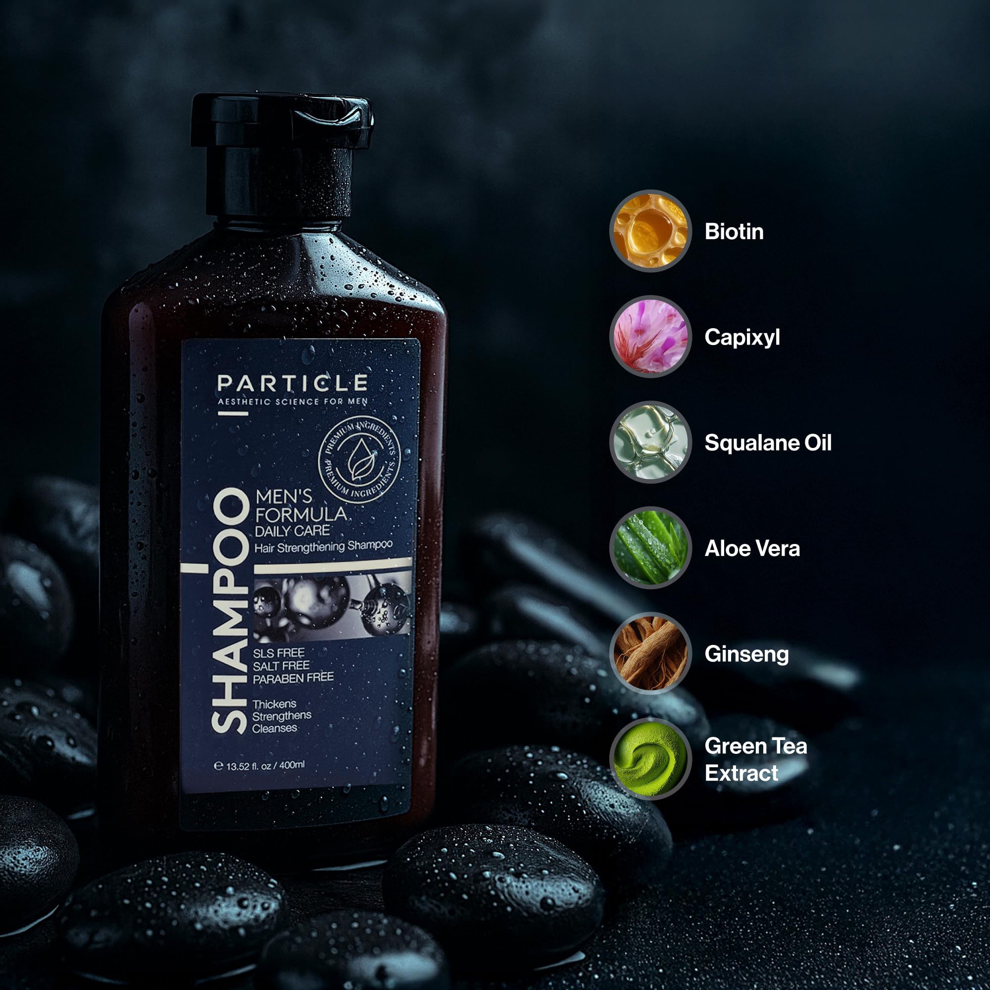 Particle Hair Thickening Shampoo for Men — Biotin, Capixyl & Redensyl | Paraben Free 400 mL