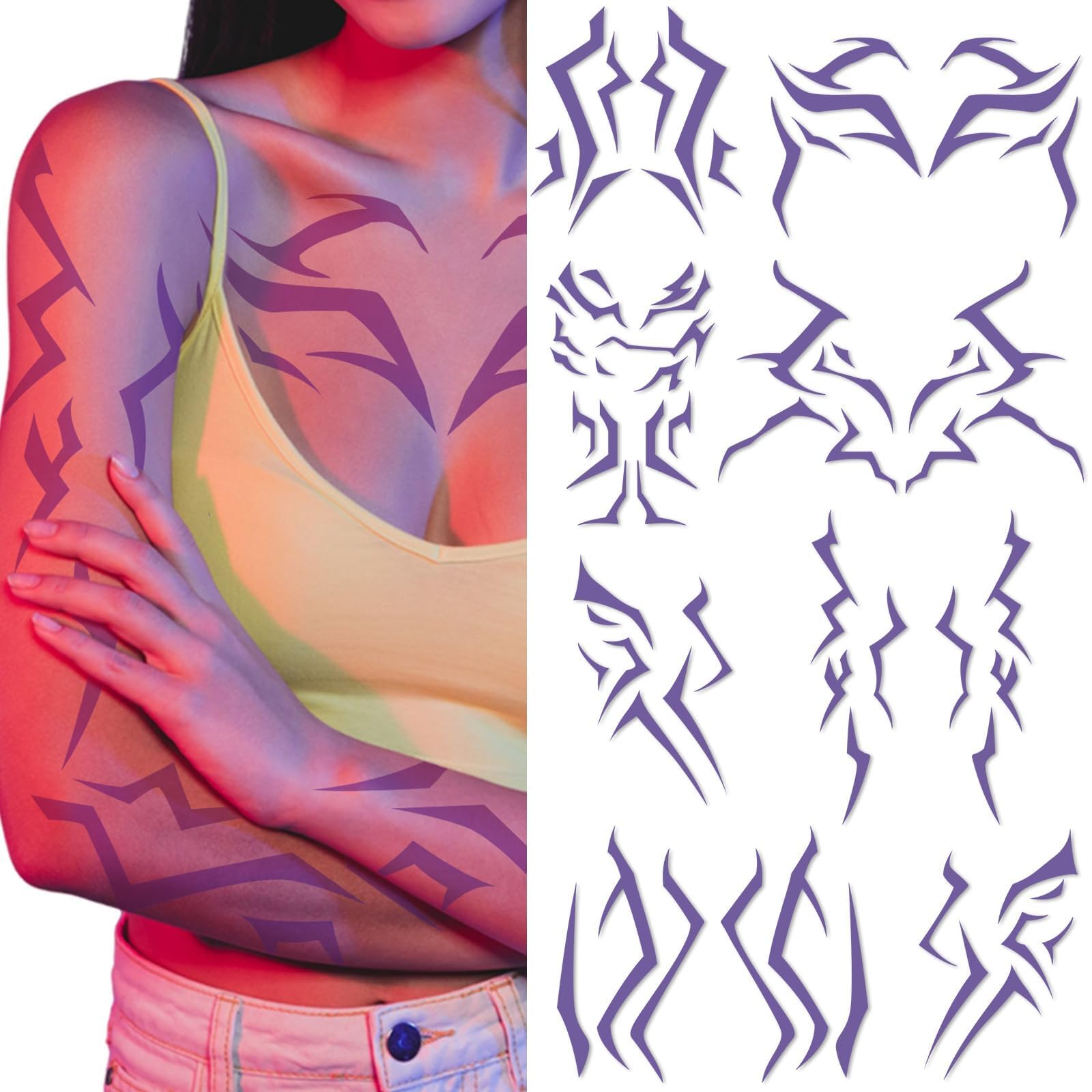 Party Greeting Purple Demon Cosplay Temporary Tattoos – 11 Sheets Waterproof Body & Face Stickers