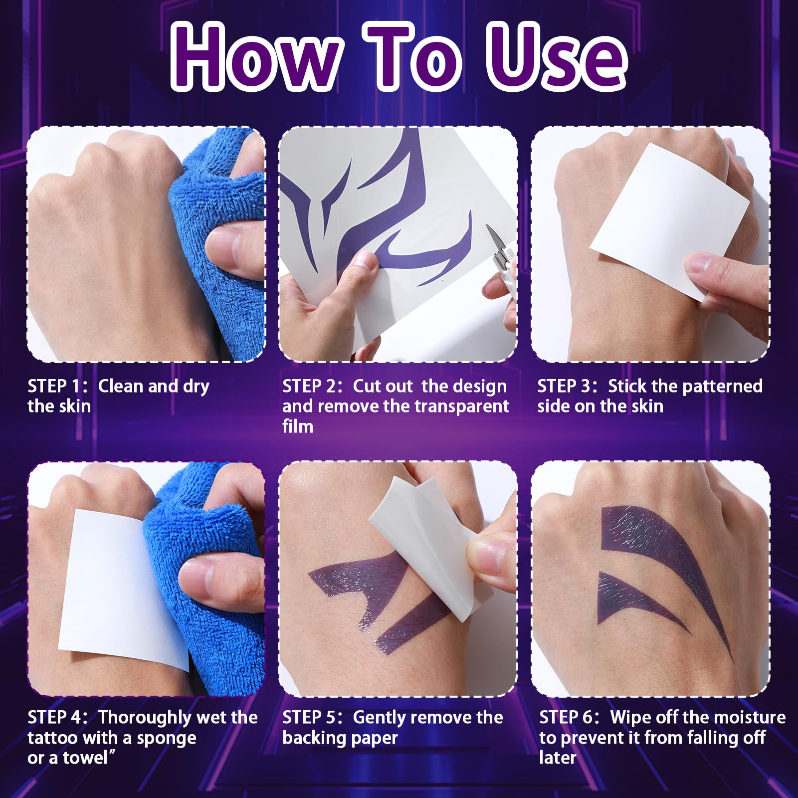 Party Greeting Purple Demon Cosplay Temporary Tattoos – 11 Sheets Waterproof Body & Face Stickers
