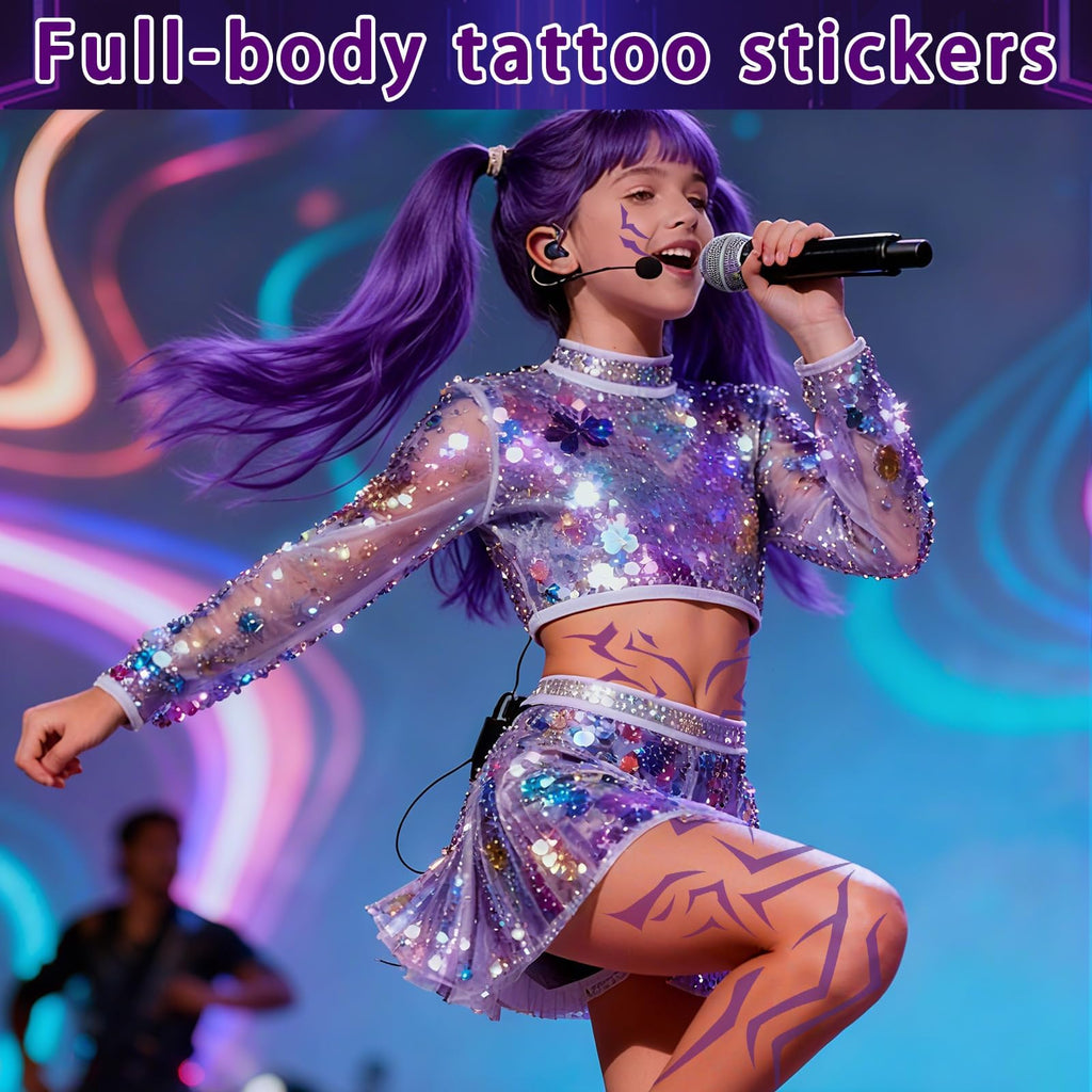 Party Greeting Purple Demon Cosplay Temporary Tattoos – 11 Sheets Waterproof Body & Face Stickers