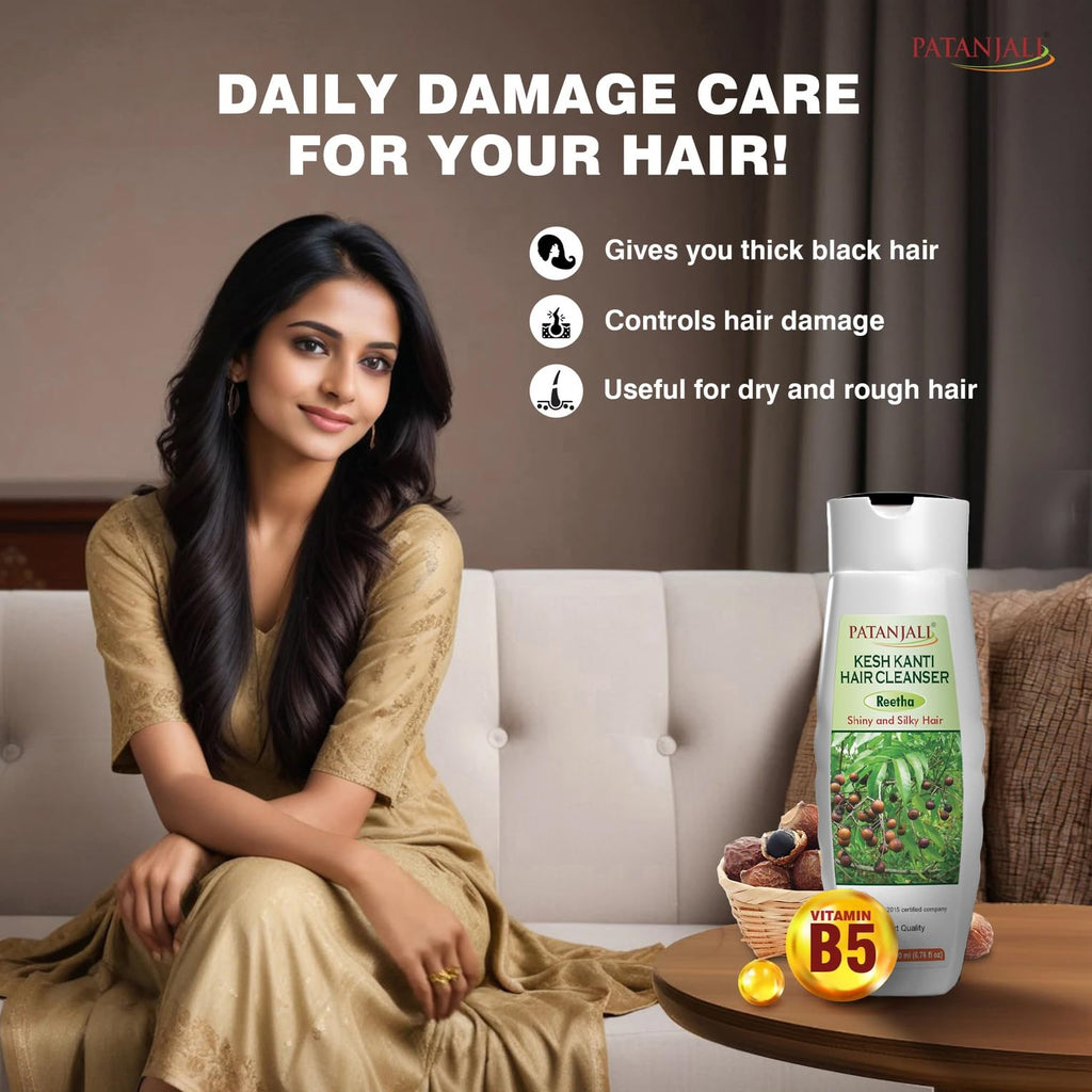 Patanjali Kesh Kanti Reetha Shampoo for Dry Hair – Sulfate-Free Herbal Ayurvedic Cleanser (200ml x 2)
