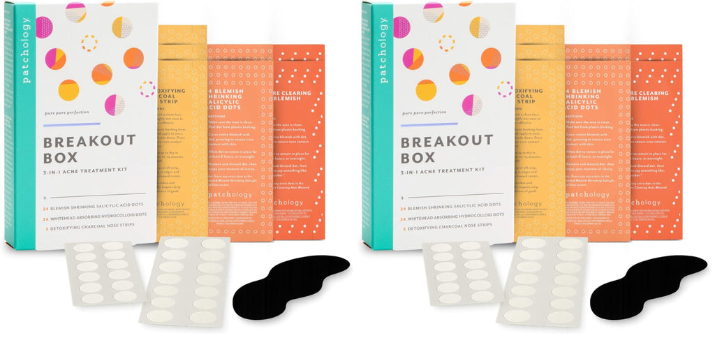 Patchology Breakout Box 3-in-1 Acne Treatment Kit – Nose Strips, Salicylic & Hydrocolloid Dots (2-Pack)