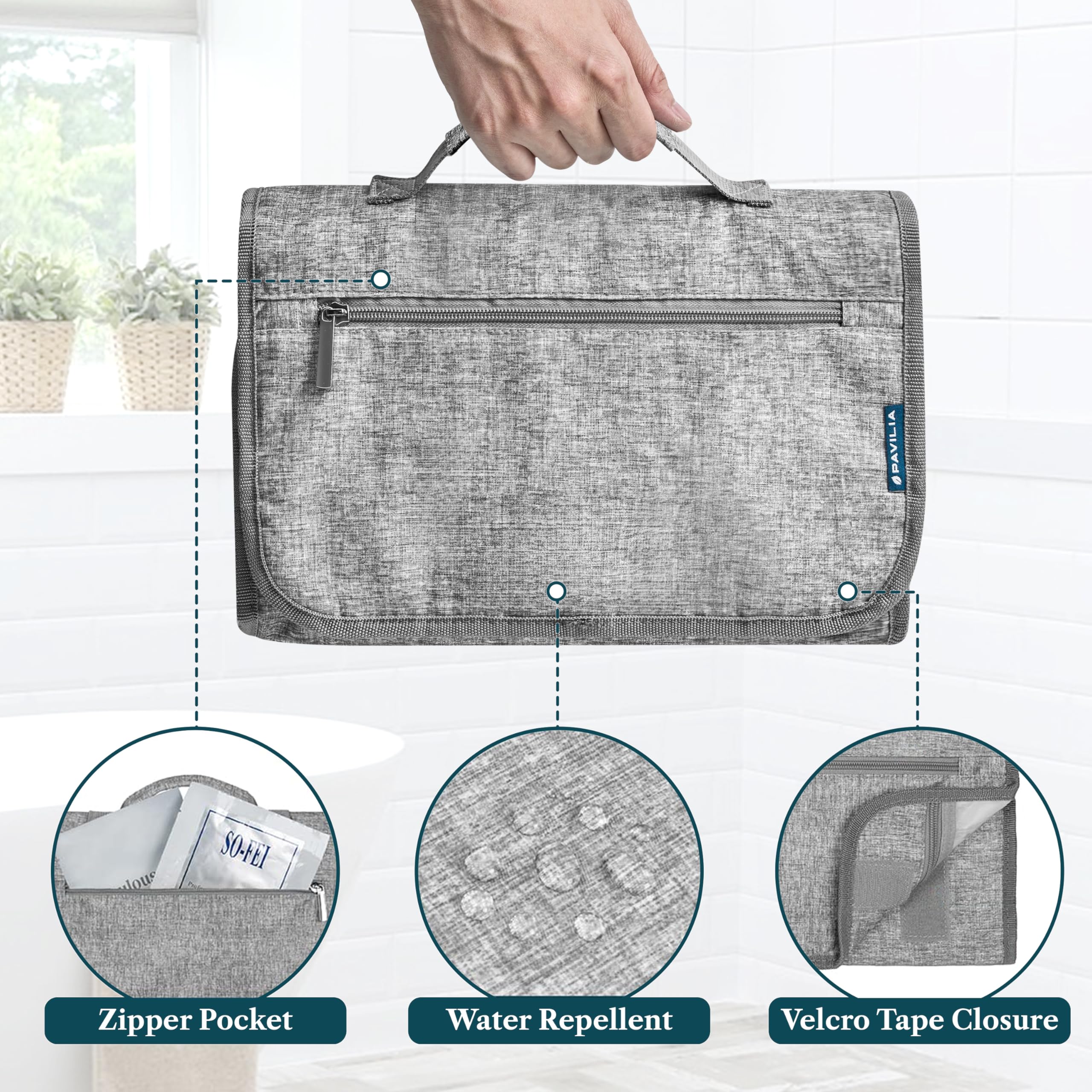 PAVILIA Hanging Toiletry Bag - Large Foldable Travel Kit, Waterproof & TSA-Ready