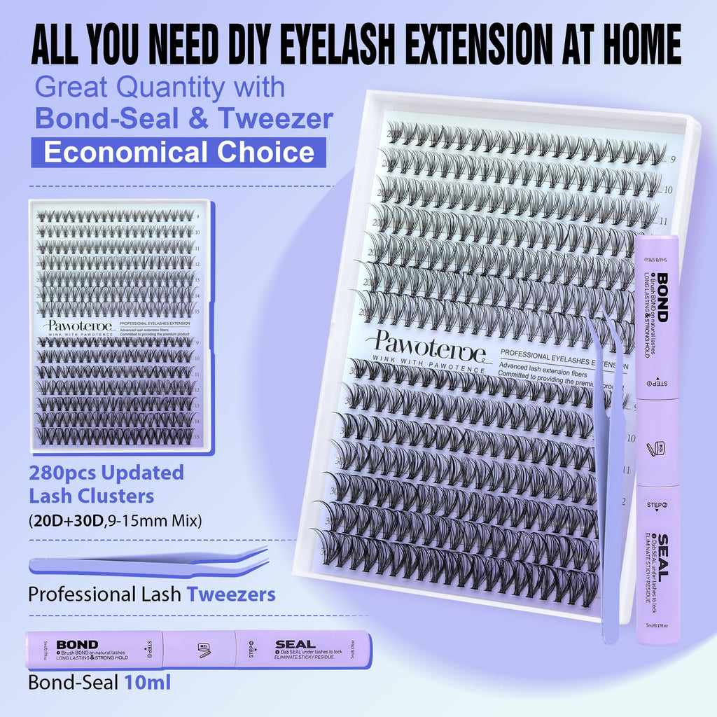 Pawotence Lash Extension Kit DIY 280pcs Clusters – 20D/30D, 9-15mm, Bond & Seal