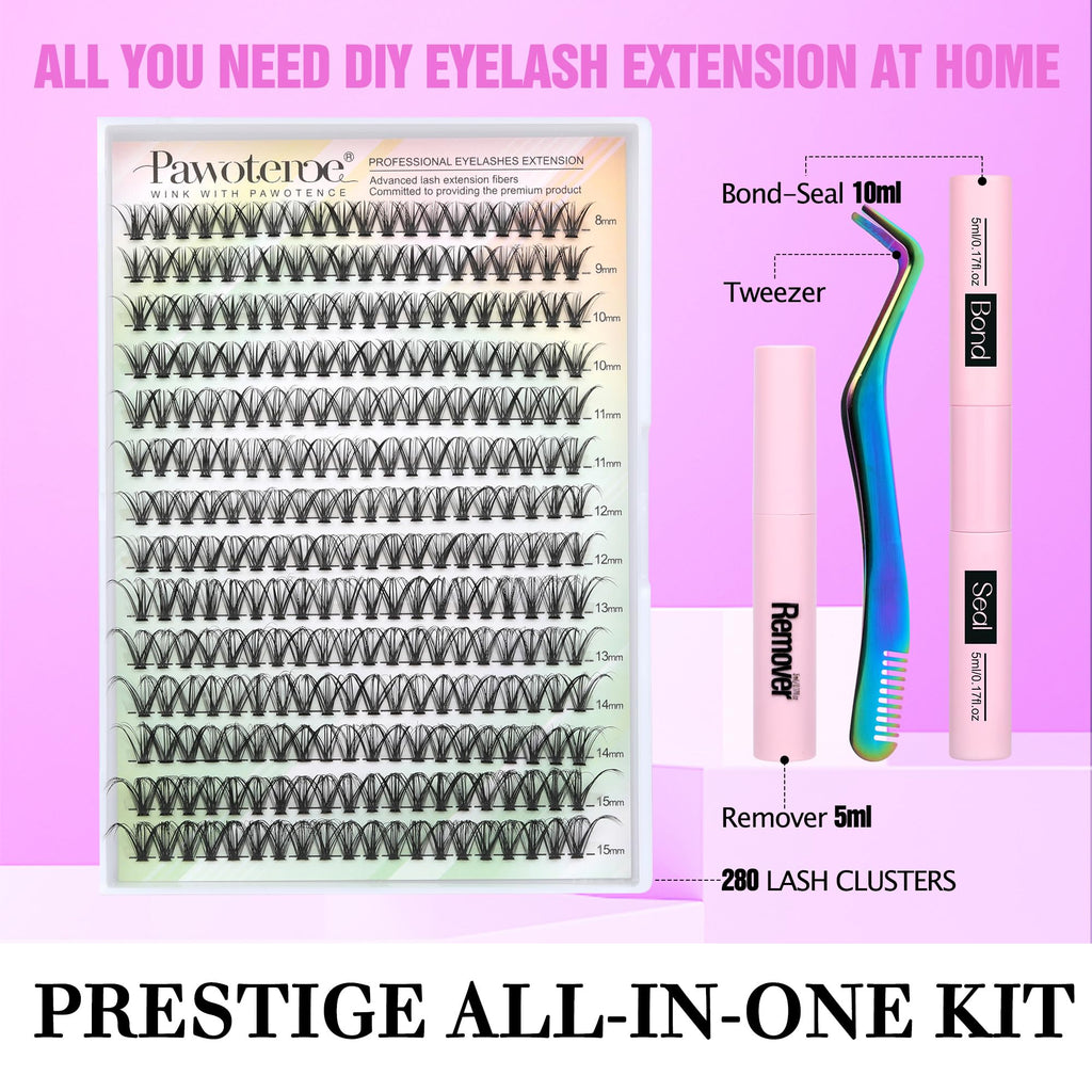 Pawotence Lash Extension Kit DIY 280pcs – 30D Clusters (8-15mm) with Bond & Seal, Remover & Tweezers