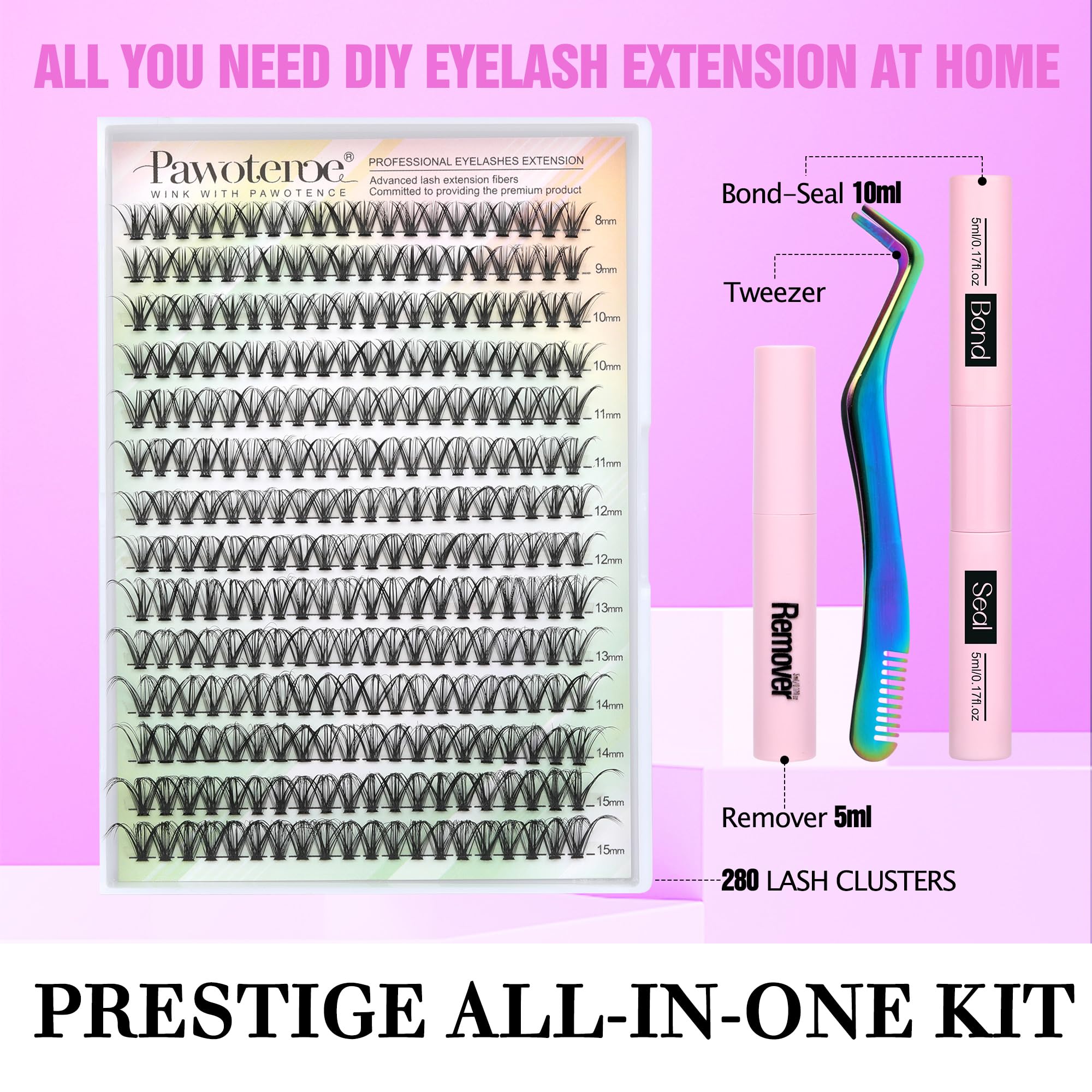 Pawotence Lash Extension Kit DIY 280pcs – 30D Clusters (8-15mm) with Bond & Seal, Remover & Tweezers