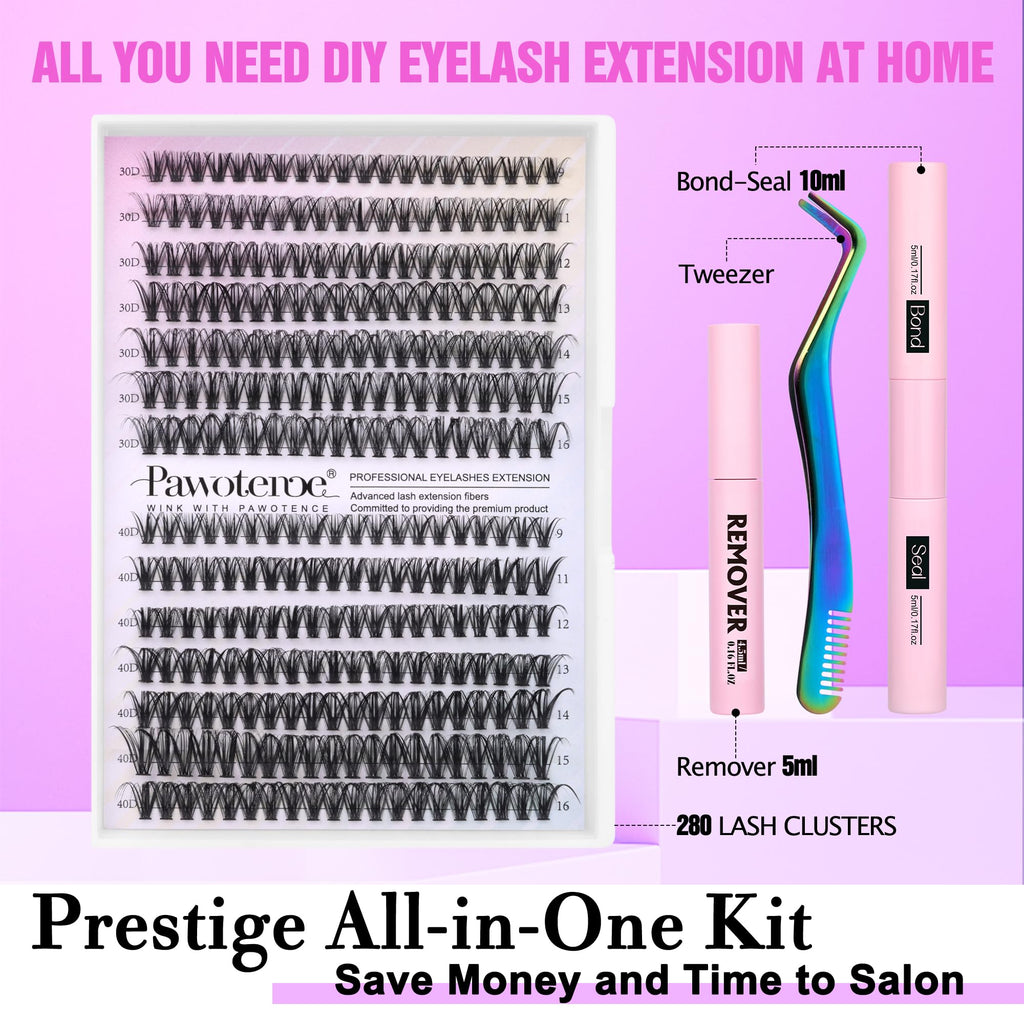 Pawotence Lash Extension Kit DIY 280pcs Clusters 30D/40D with Bond, Seal, Remover & Tweezers