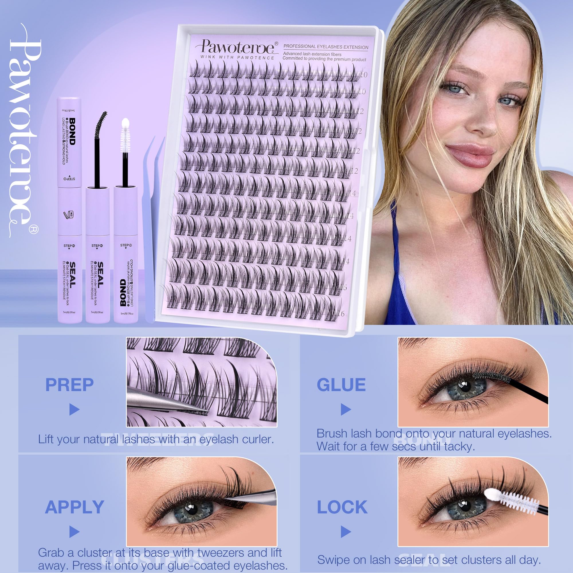 Pawotence Natural Lash Clusters Kit 10-16mm Wispy Lashes with Glue & Tweezers