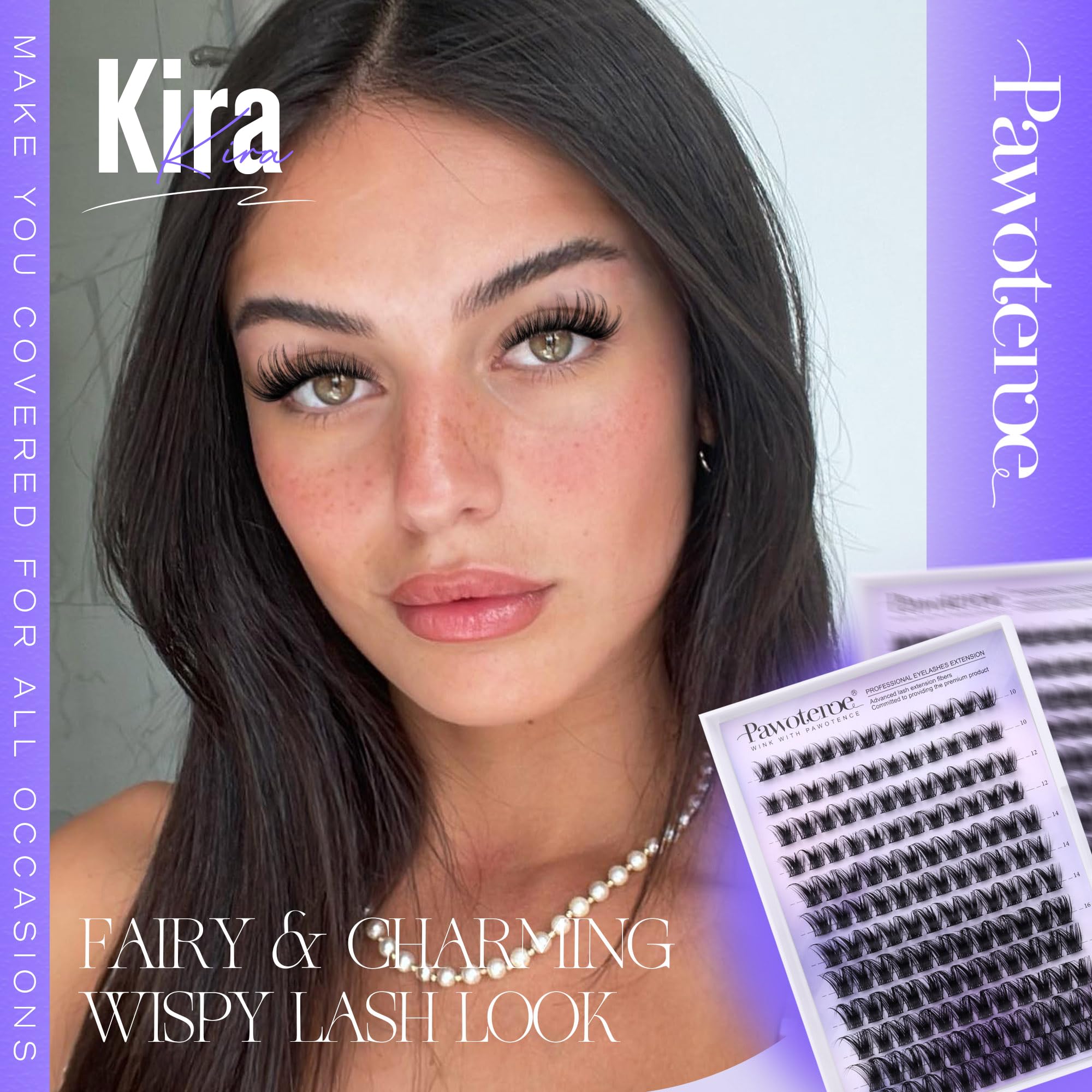 Pawotence Kira Lash Clusters Kit 144pcs – 10–18mm Wispy Lashes with Bond, Seal, Remover & Applicator