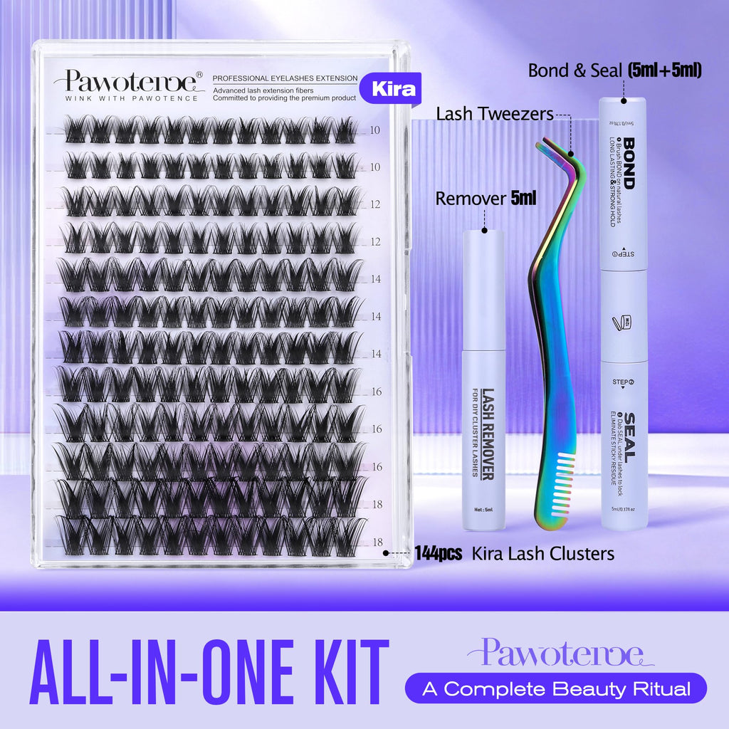 Pawotence Kira Lash Clusters Kit 144pcs – 10–18mm Wispy Lashes with Bond, Seal, Remover & Applicator