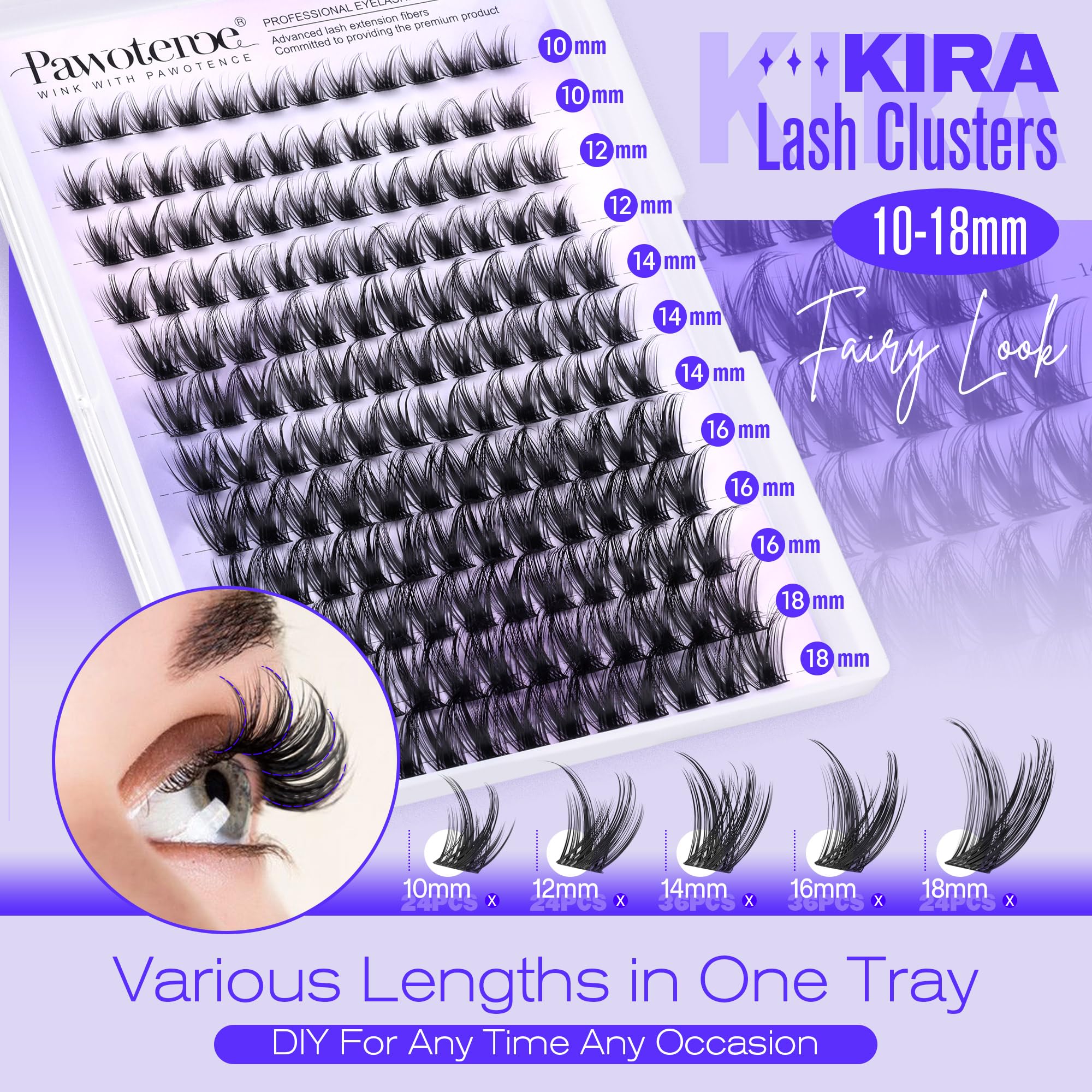 Pawotence Kira Lash Clusters Kit 144pcs – 10–18mm Wispy Lashes with Bond, Seal, Remover & Applicator