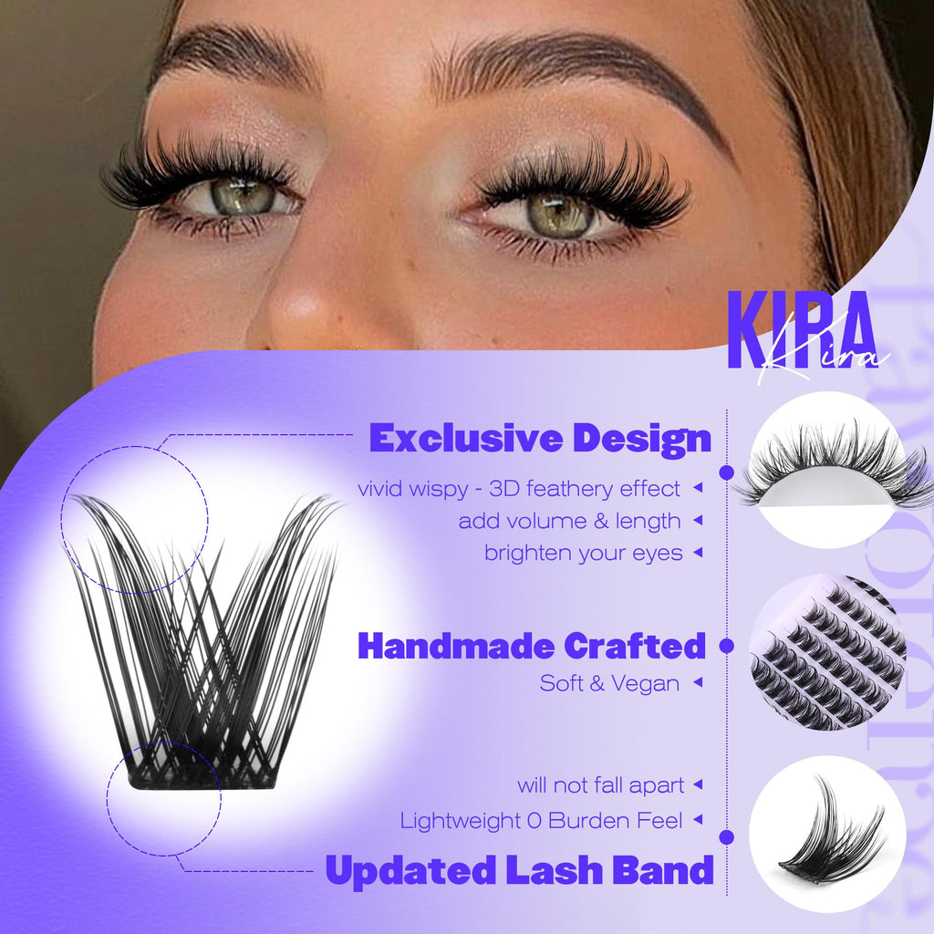 Pawotence Kira Lash Clusters Kit 144pcs – 10–18mm Wispy Lashes with Bond, Seal, Remover & Applicator