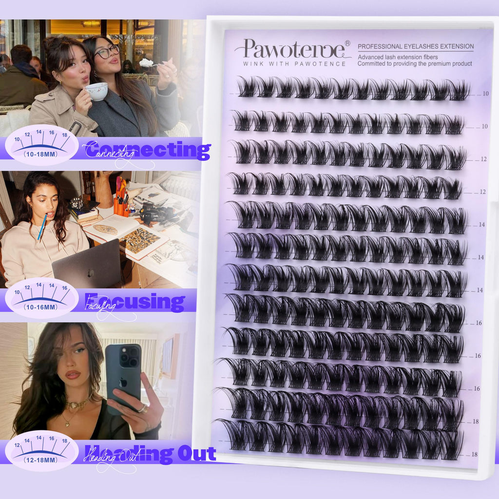 Pawotence Kira Lash Clusters Kit 144pcs – 10–18mm Wispy Lashes with Bond, Seal, Remover & Applicator
