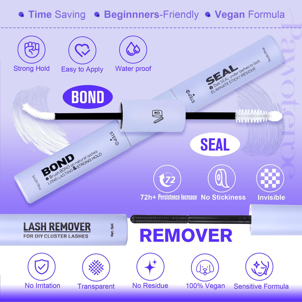 Pawotence Kira Lash Clusters Kit 144pcs – 10–18mm Wispy Lashes with Bond, Seal, Remover & Applicator