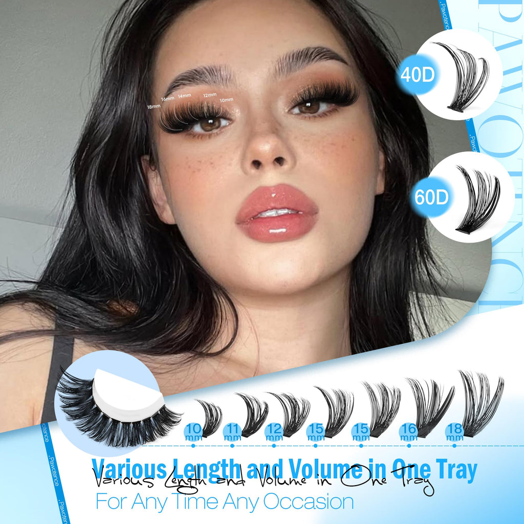 Pawotence Lash Clusters Kit 40D-60D | DIY 10-18mm Lash Extensions with Bond & Seal (280 pcs)