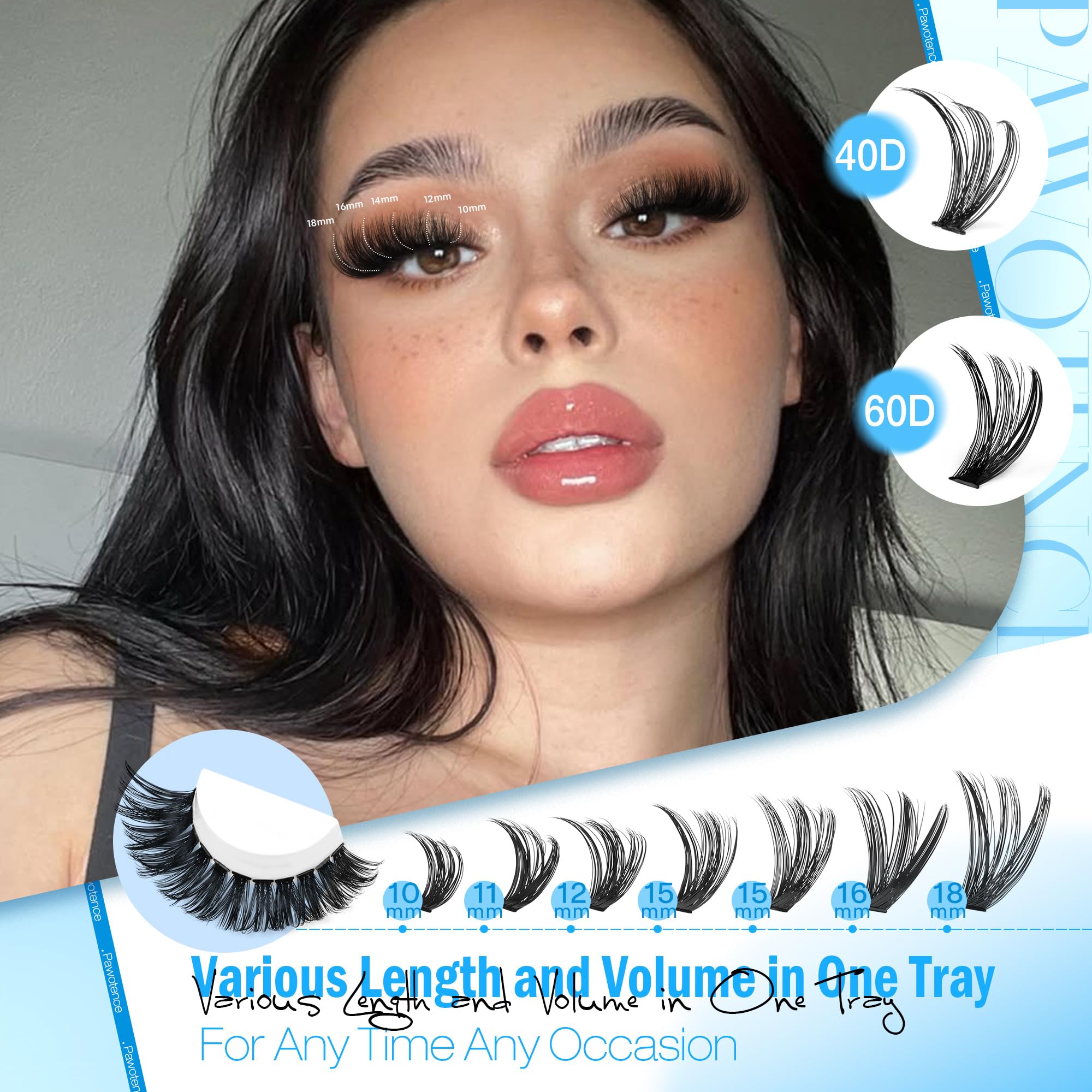 Pawotence Lash Clusters Kit 40D-60D | DIY 10-18mm Lash Extensions with Bond & Seal (280 pcs)