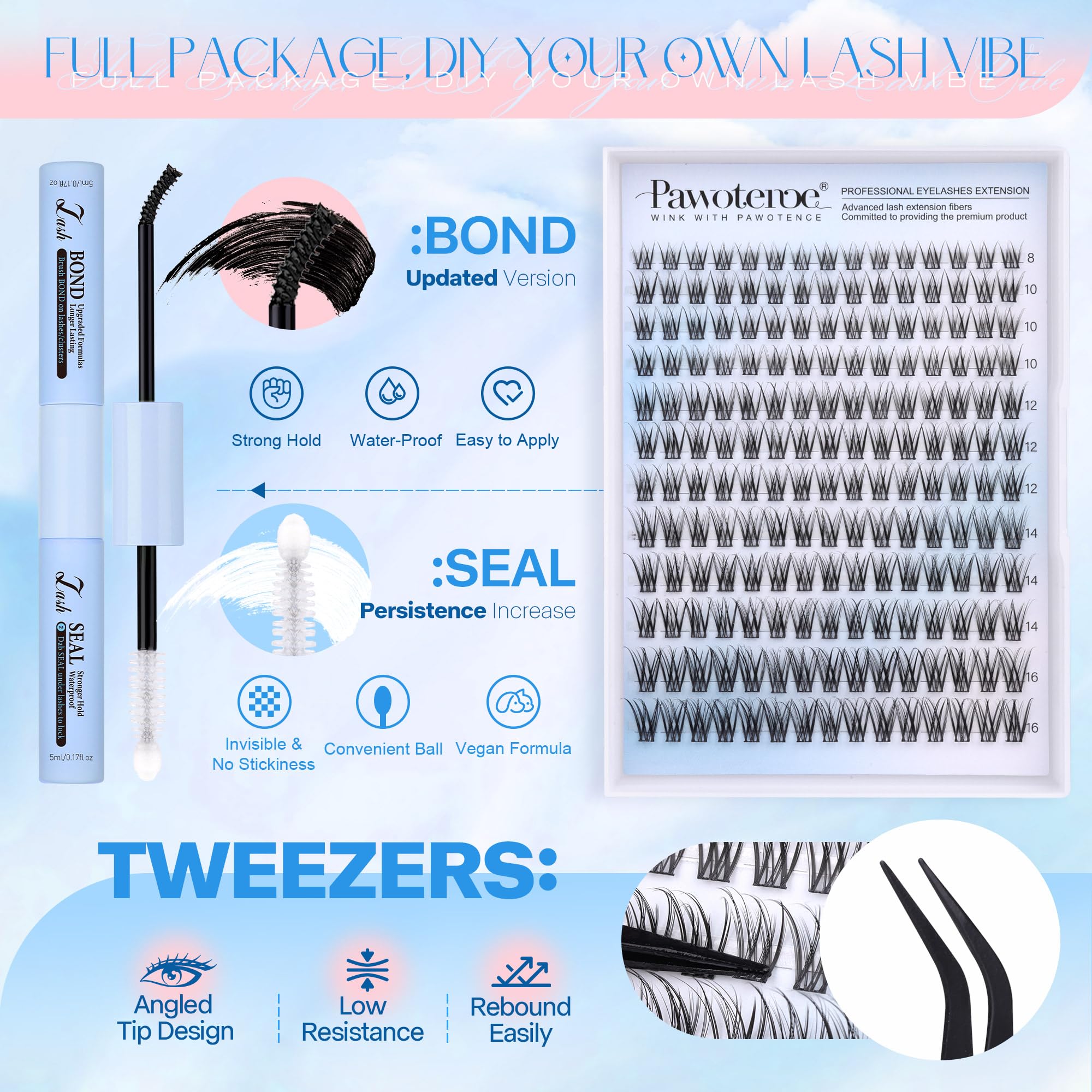 Pawotence Lash Clusters Kit – DIY 180pc Wispy Lashes (8-16mm)