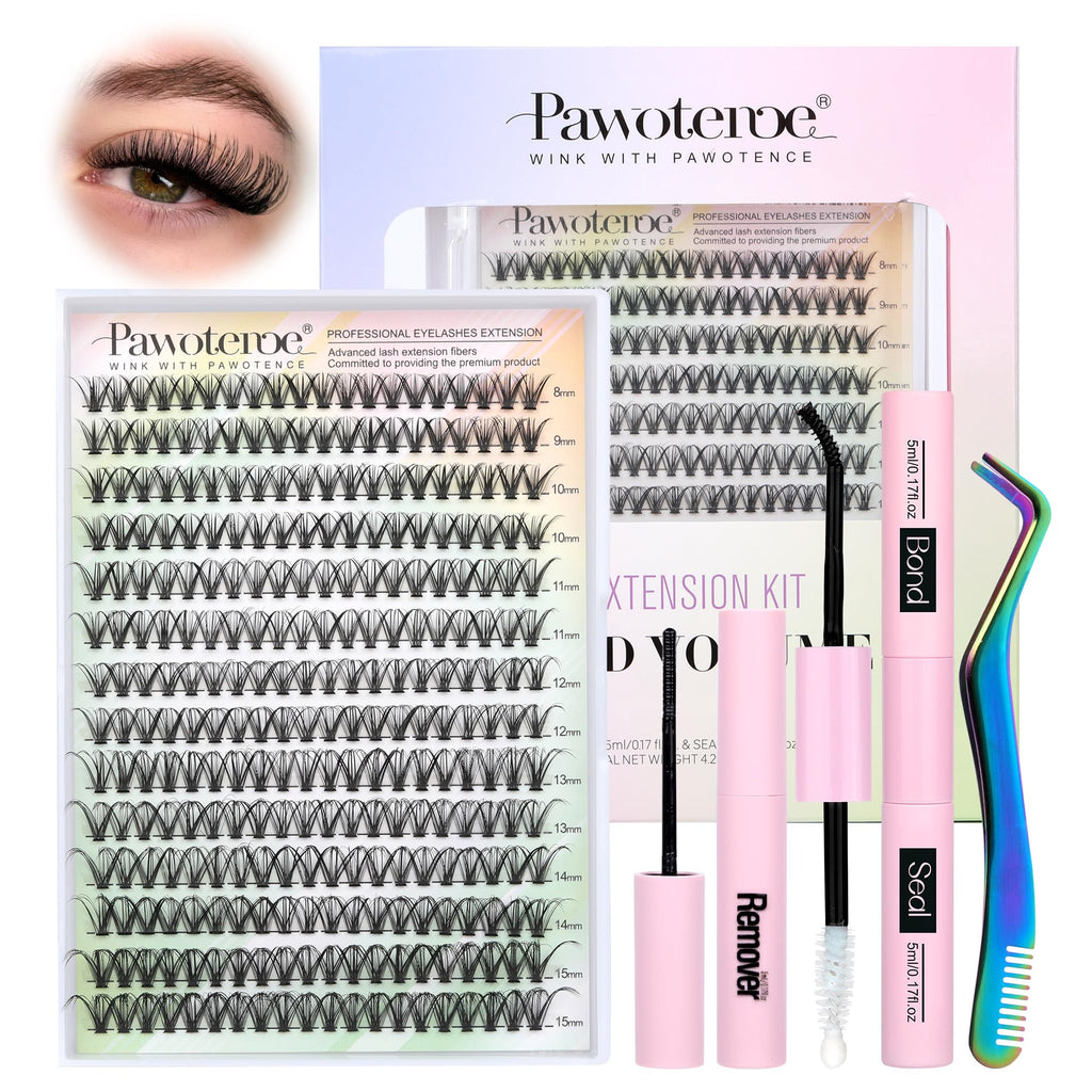 Pawotence Lash Extension Kit DIY 280pcs – 30D Clusters (8-15mm) with Bond & Seal, Remover & Tweezers