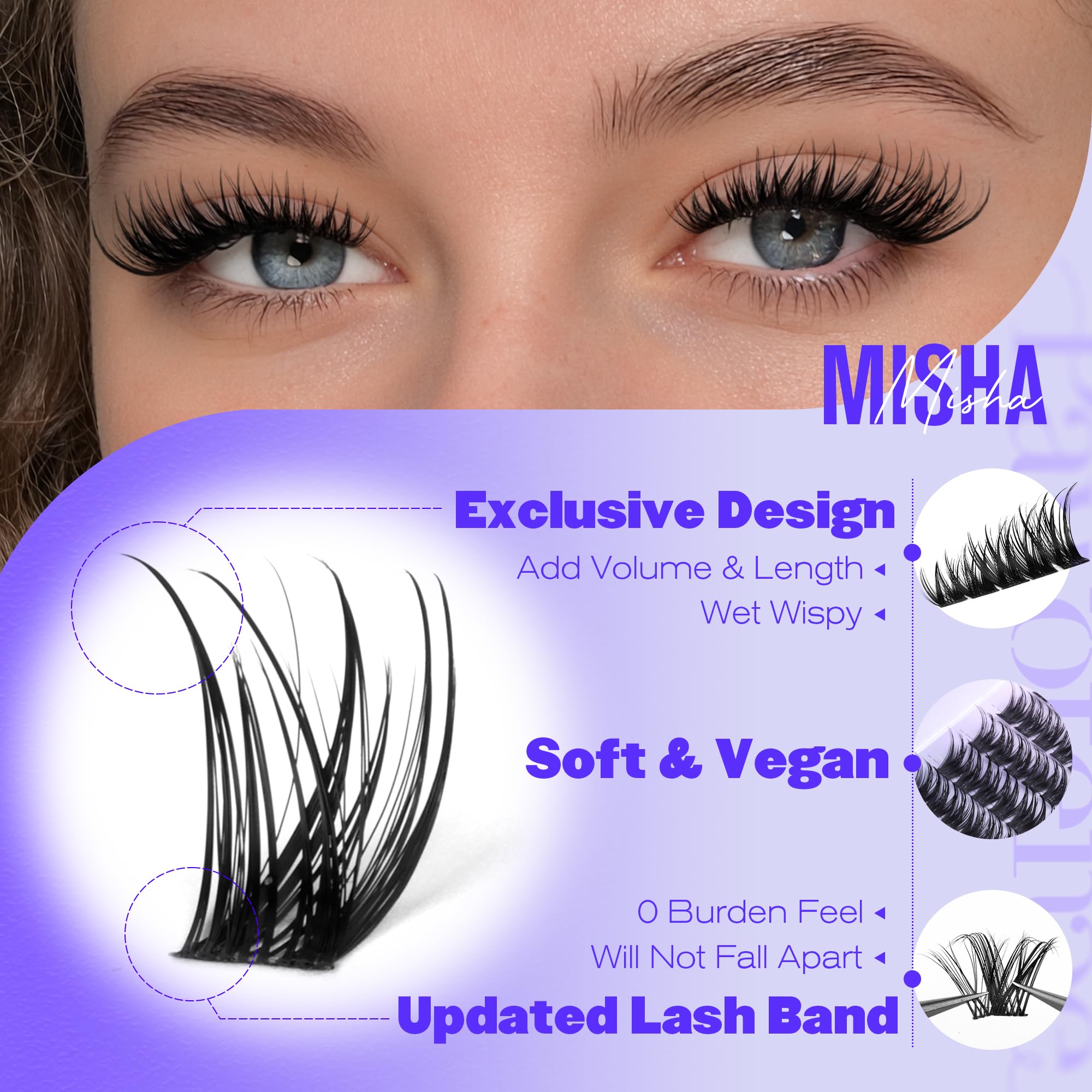 Pawotence Misha Lash Clusters Kit 10-18mm | 144pcs Wet Look Lashes + Bond & Seal