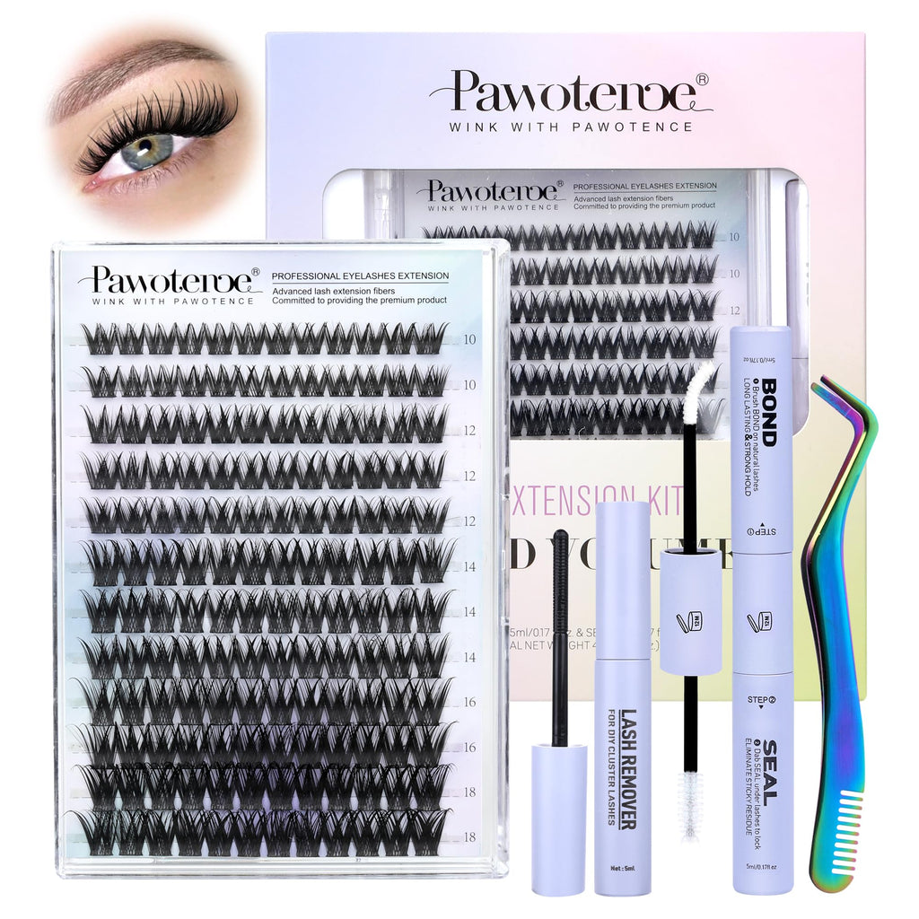 Pawotence Misha Lash Clusters Kit 10-18mm | 144pcs Wet Look Lashes + Bond & Seal