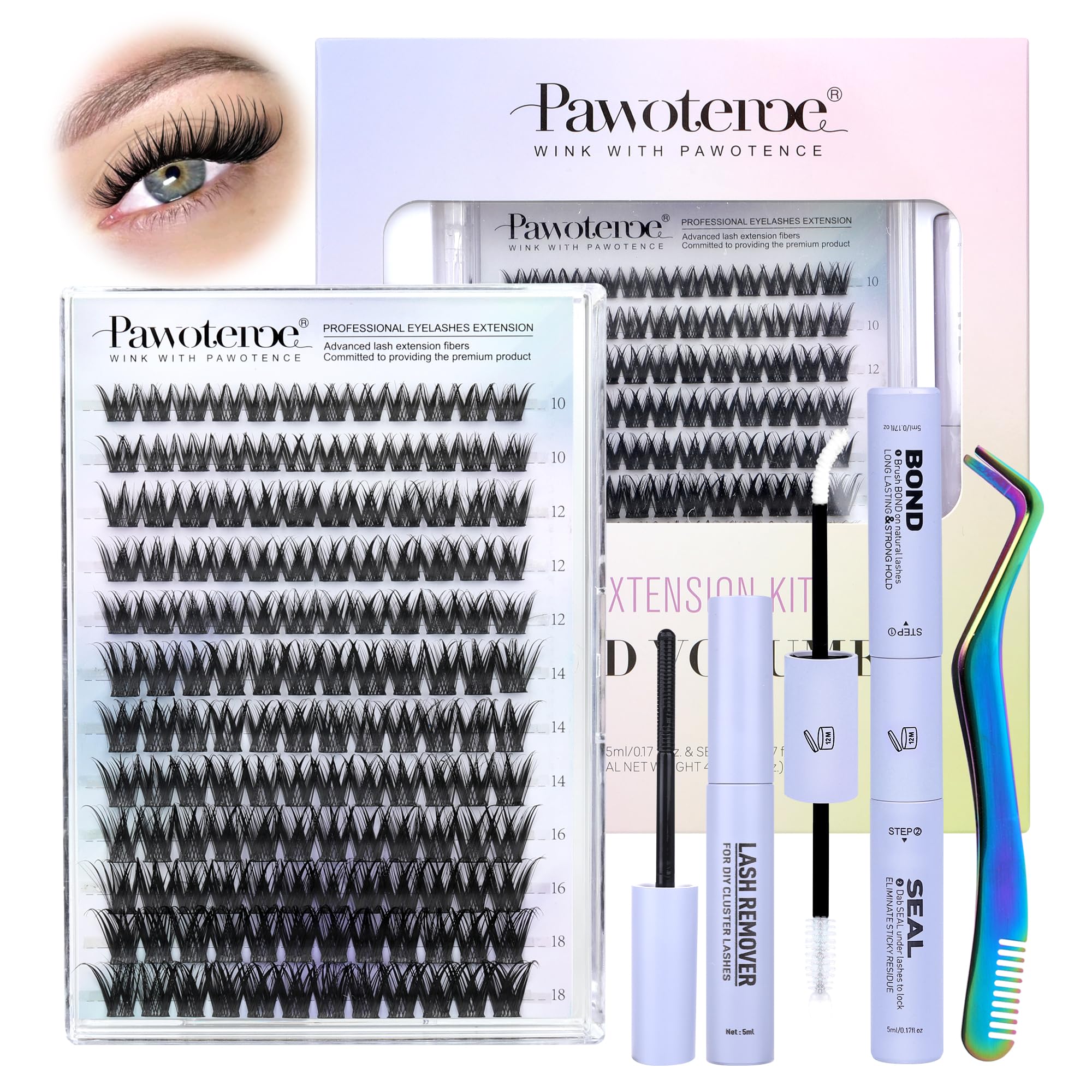Pawotence Misha Lash Clusters Kit 10-18mm | 144pcs Wet Look Lashes + Bond & Seal