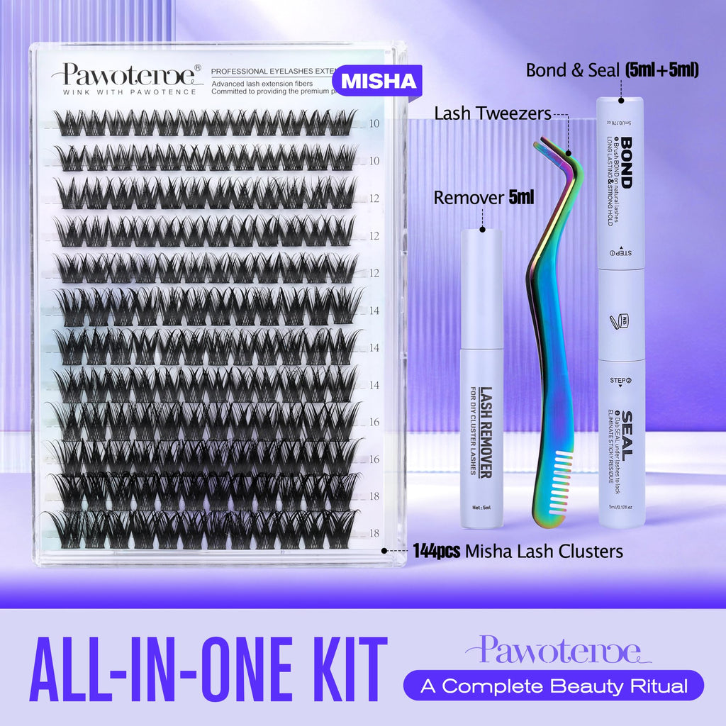 Pawotence Misha Lash Clusters Kit 10-18mm | 144pcs Wet Look Lashes + Bond & Seal