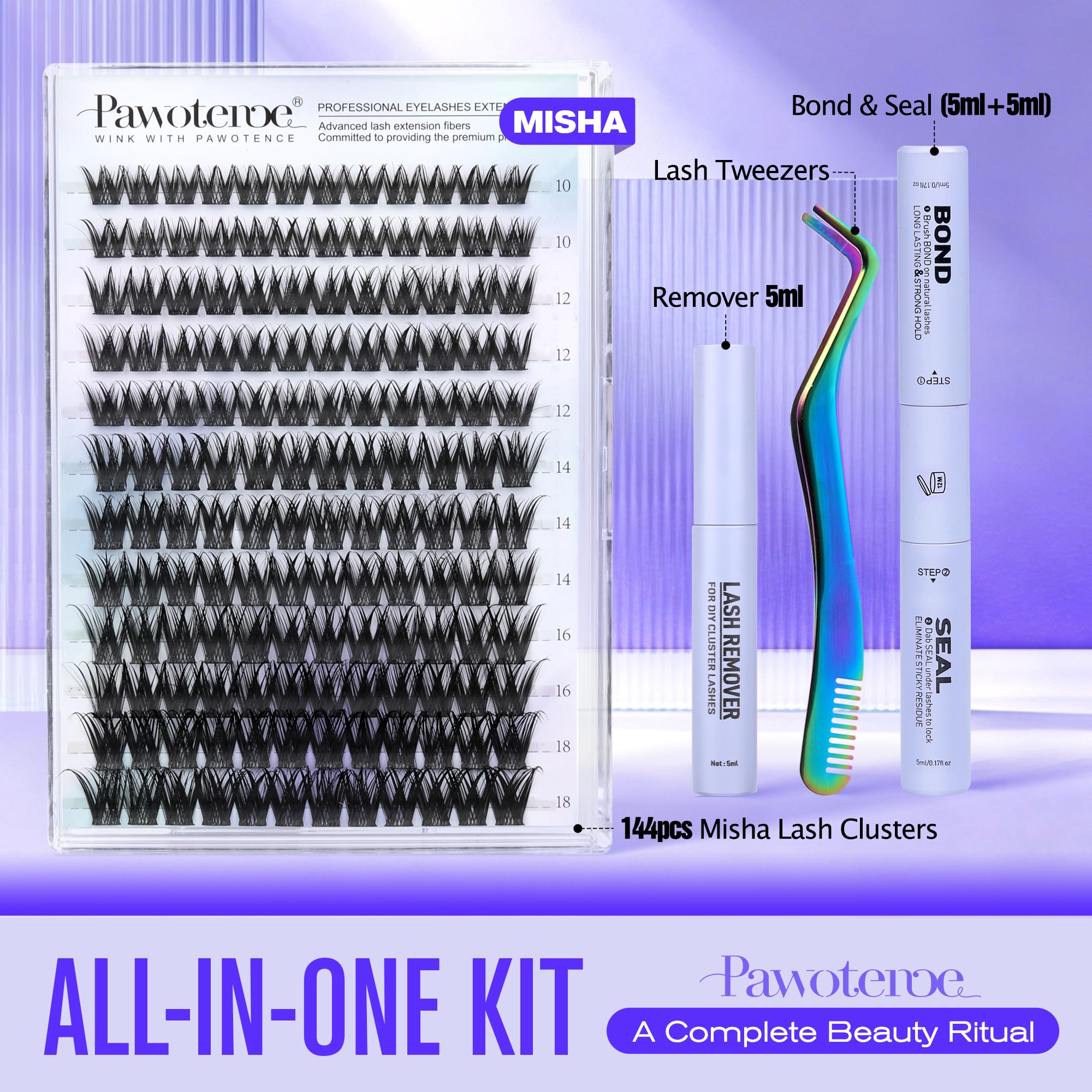 Pawotence Misha Lash Clusters Kit 10-18mm | 144pcs Wet Look Lashes + Bond & Seal