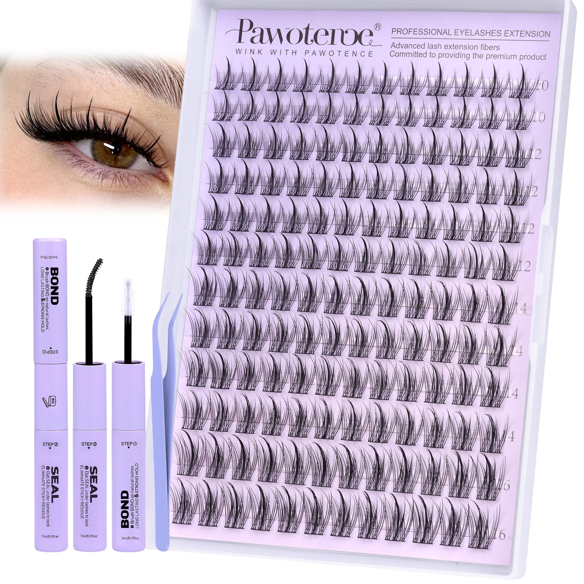 Pawotence Natural Lash Clusters Kit 10-16mm Wispy Lashes with Glue & Tweezers