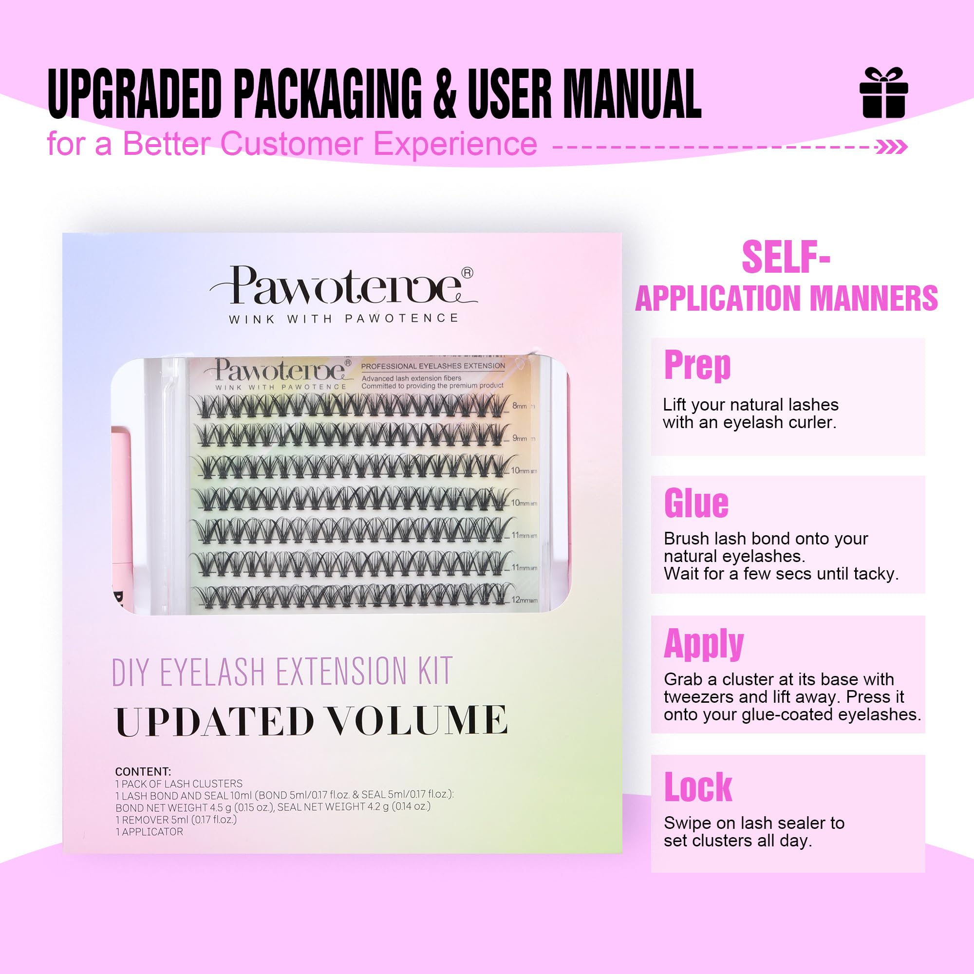 Pawotence Lash Extension Kit DIY 280pcs – 30D Clusters (8-15mm) with Bond & Seal, Remover & Tweezers