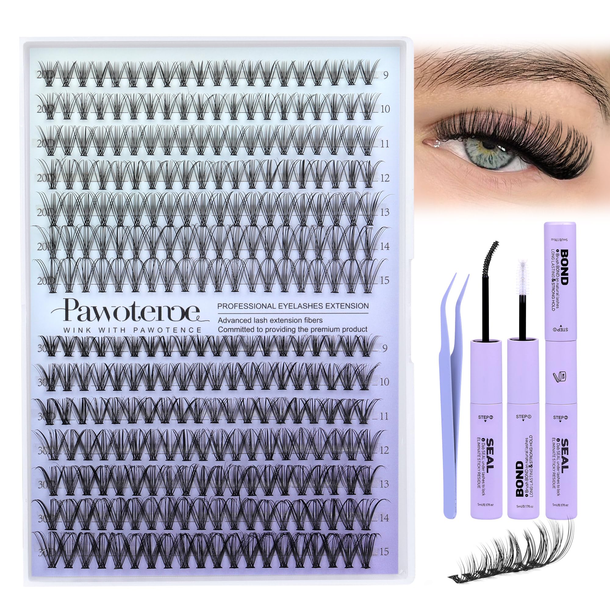 Pawotence Lash Extension Kit DIY 280pcs Clusters – 20D/30D, 9-15mm, Bond & Seal