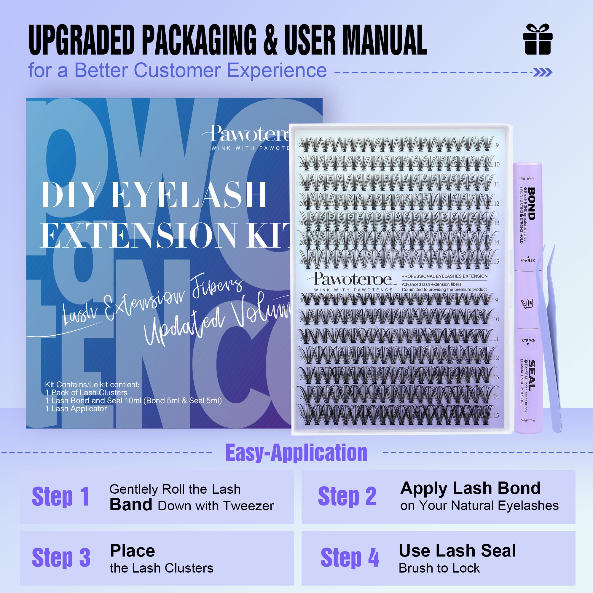 Pawotence Lash Extension Kit DIY 280pcs Clusters – 20D/30D, 9-15mm, Bond & Seal
