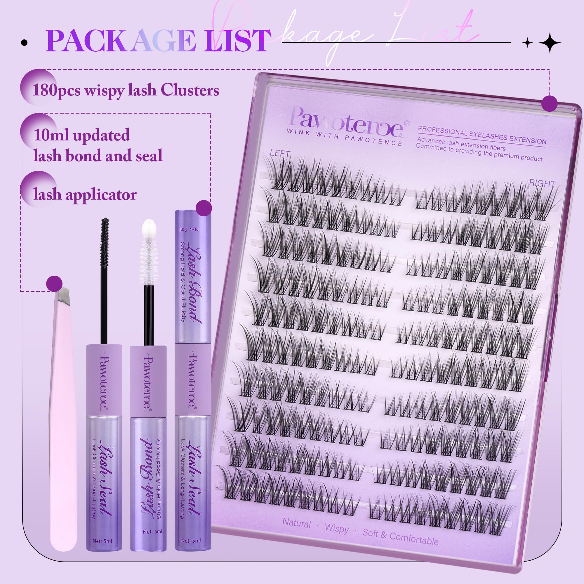 Pawotence Wispy Lash Clusters Kit – 180pcs DIY Cat Eye Extensions with Bond & Seal