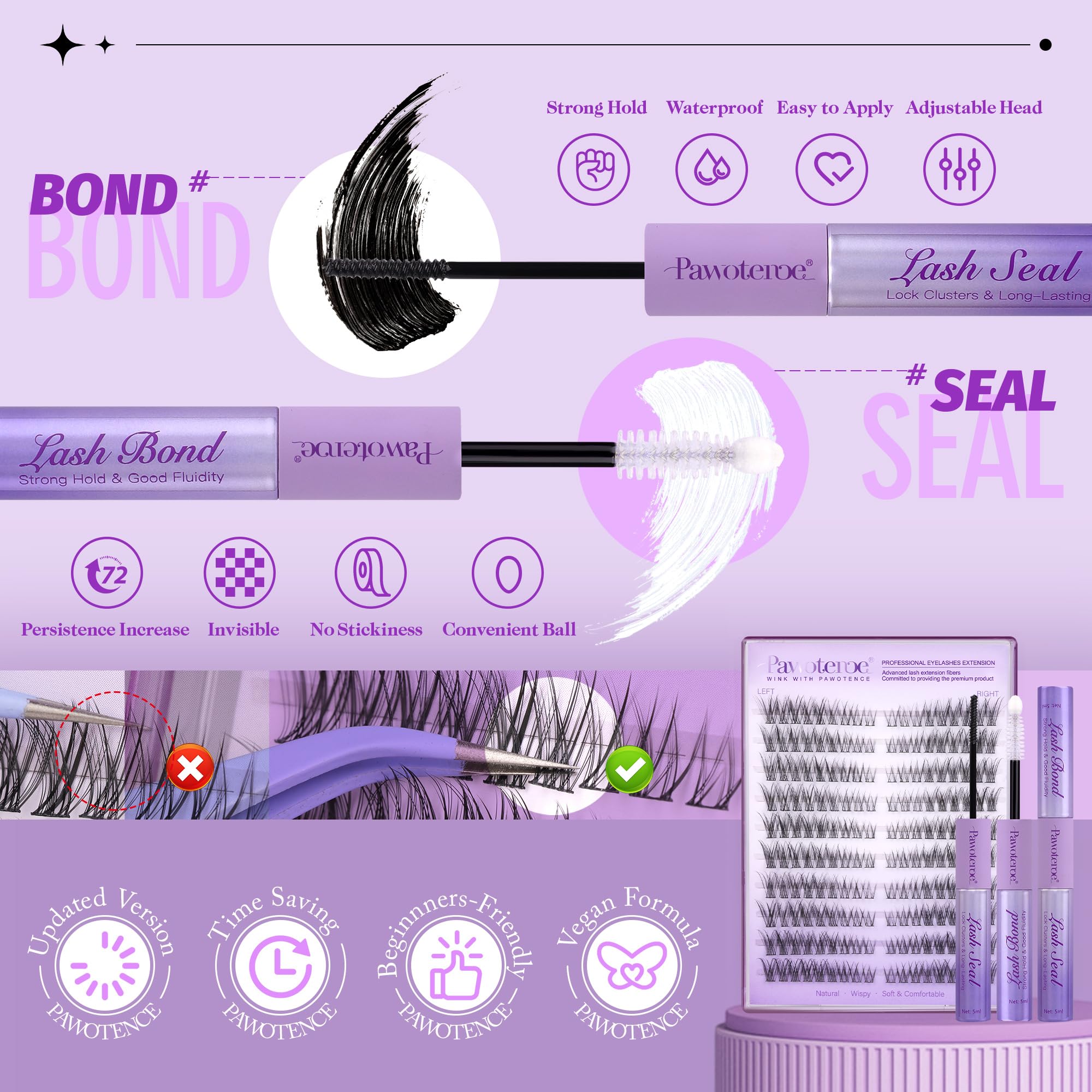 Pawotence Wispy Lash Clusters Kit – 180pcs DIY Cat Eye Extensions with Bond & Seal