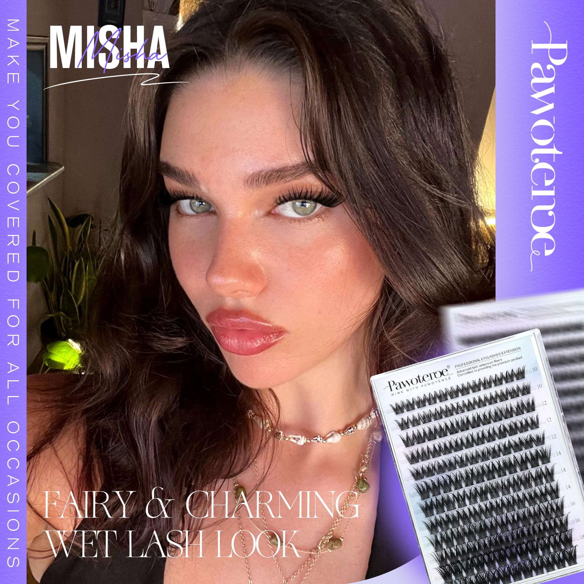 Pawotence Misha Lash Clusters Kit 10-18mm | 144pcs Wet Look Lashes + Bond & Seal