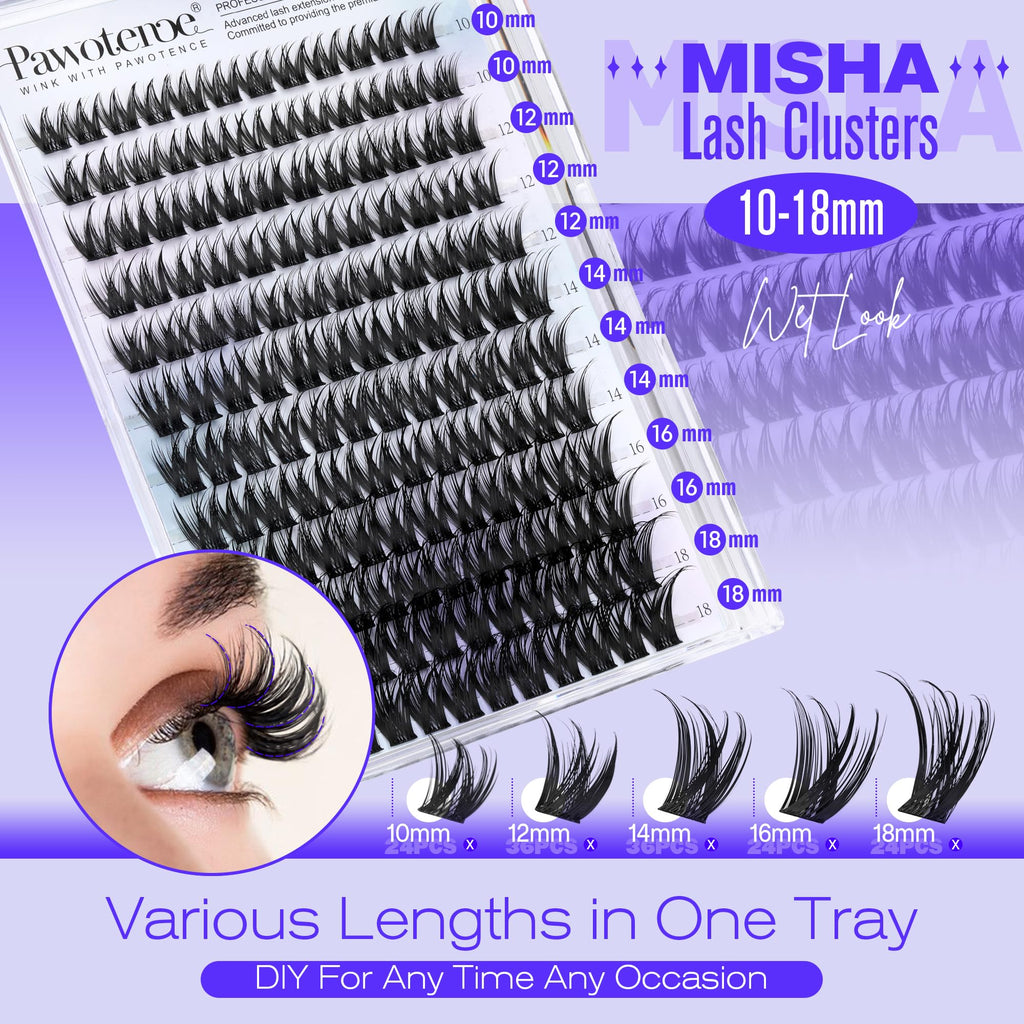Pawotence Misha Lash Clusters Kit 10-18mm | 144pcs Wet Look Lashes + Bond & Seal