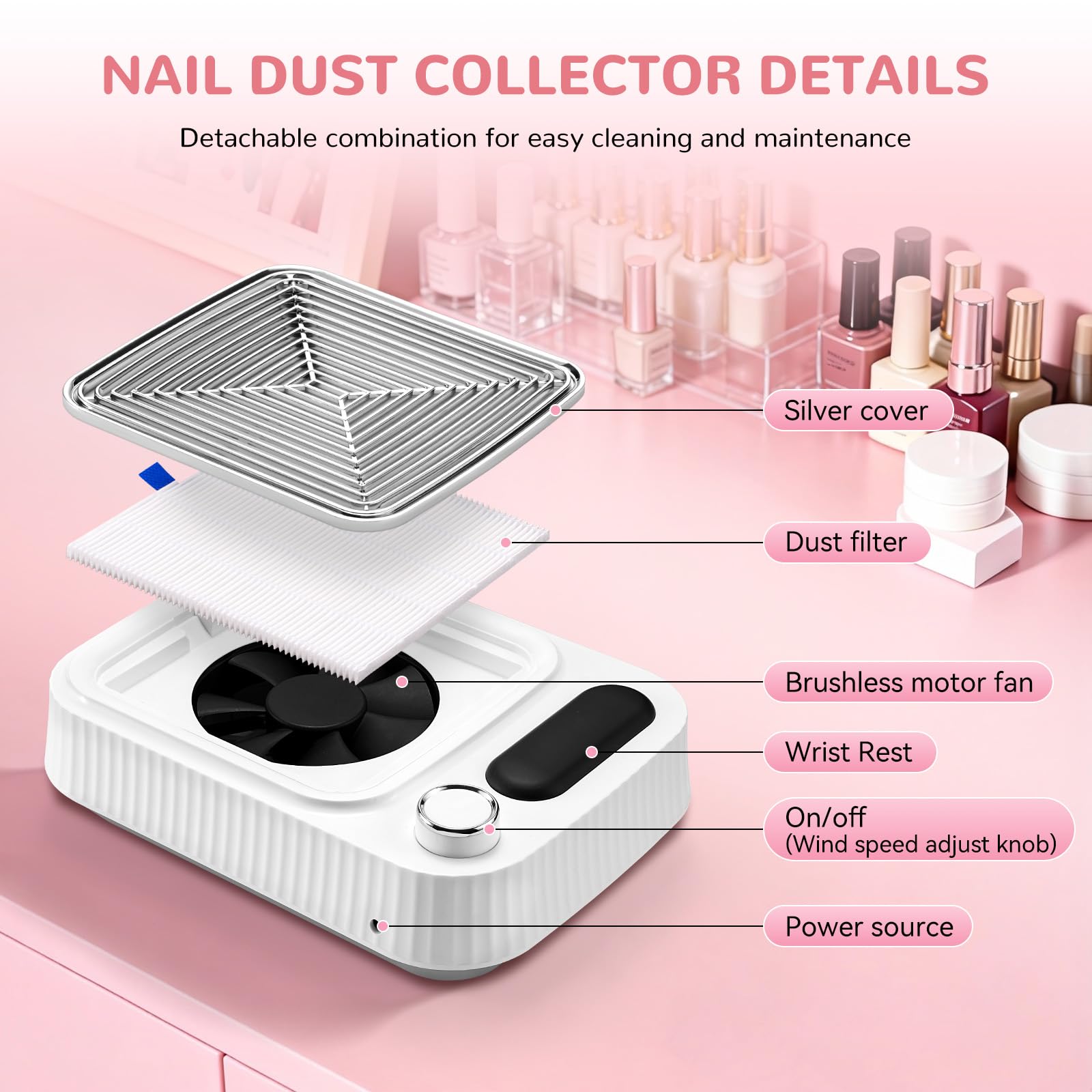 Paxato Nail Duster Collector – 4000RPM Dust Collector with Wrist Rest & 0–100% Adjustable Suction