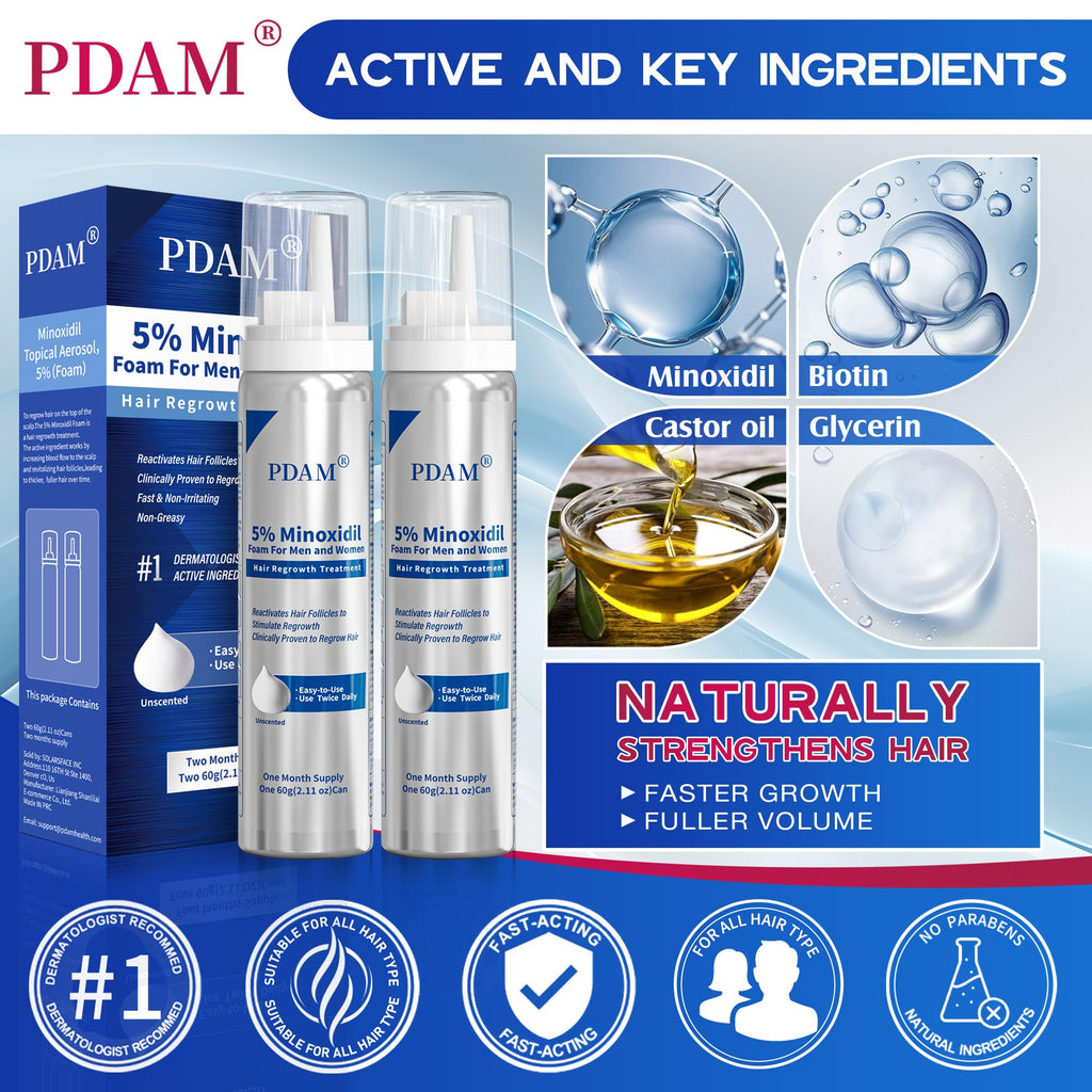 Pdam 5% Minoxidil Foam for Men & Women – Hair Growth Treatment (2 x 2.11 oz)