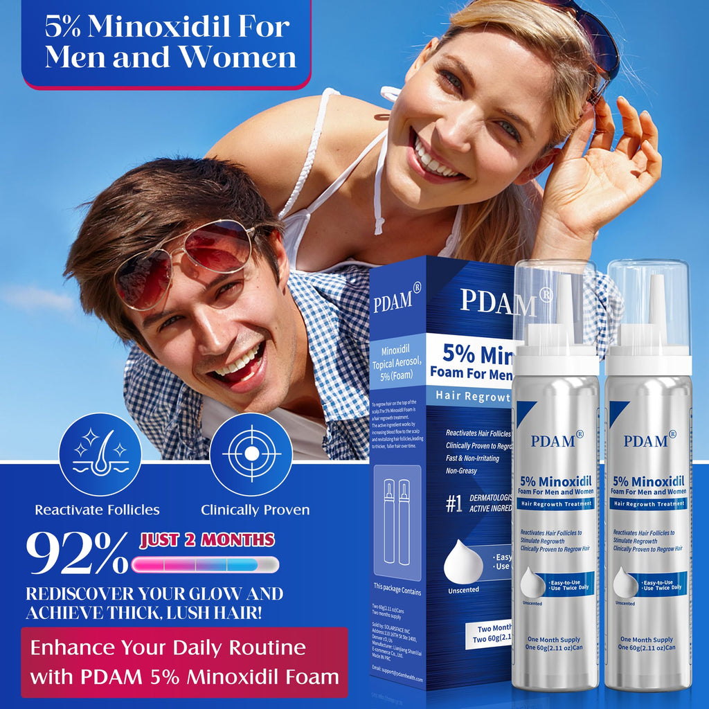 Pdam 5% Minoxidil Foam for Men & Women – Hair Growth Treatment (2 x 2.11 oz)
