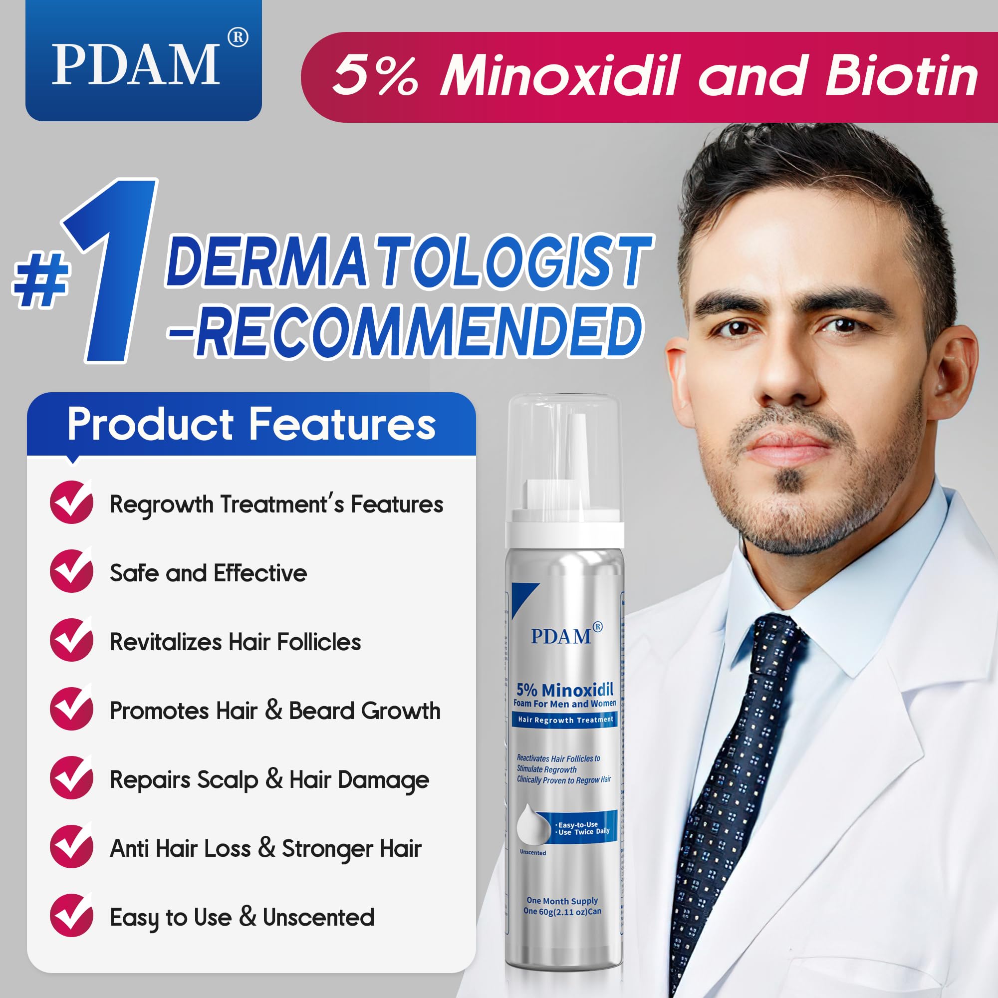 Pdam 5% Minoxidil Foam for Men & Women – Hair Growth Treatment (2 x 2.11 oz)