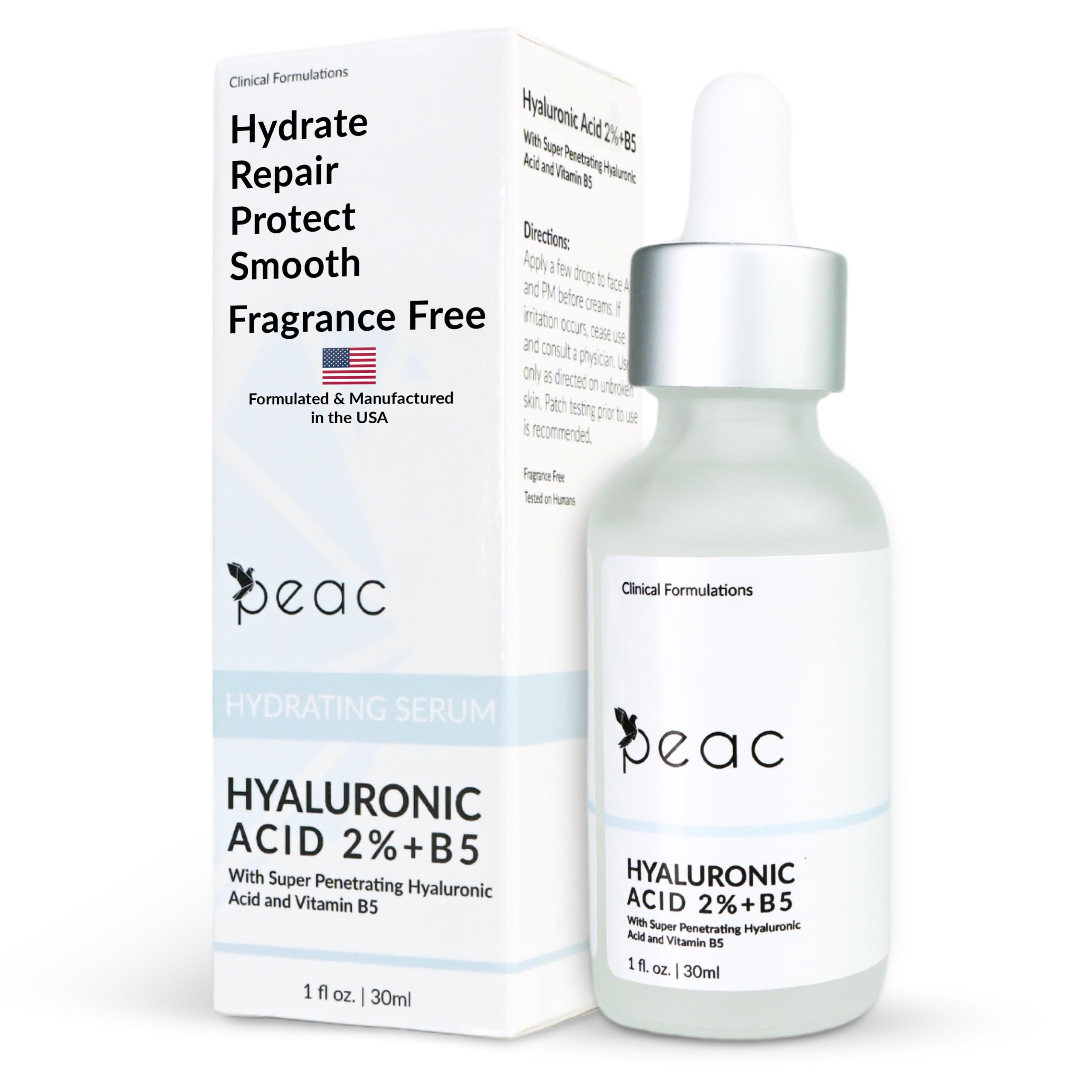Peac Hyaluronic Acid 2% + B5 Serum – USA Made, Fragrance Free, Lightweight Hydration