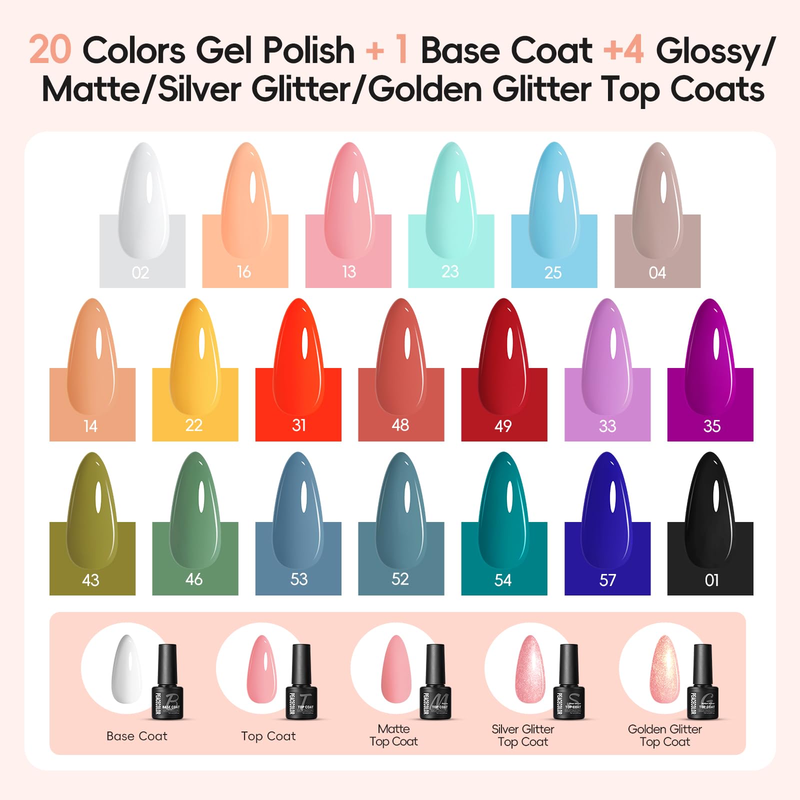 PEACECOLOR 38Pcs Gel Nail Kit with UV Light – 20 Colors, Top & Base Coats