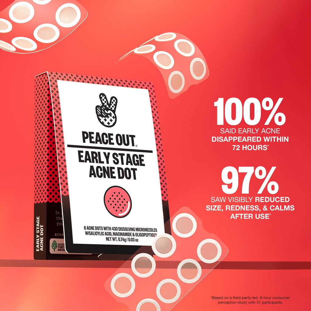 PEACE OUT Early Stage Acne Dots | Hydrocolloid Patches with Dissolving Microneedles & Salicylic Acid, 8 Count