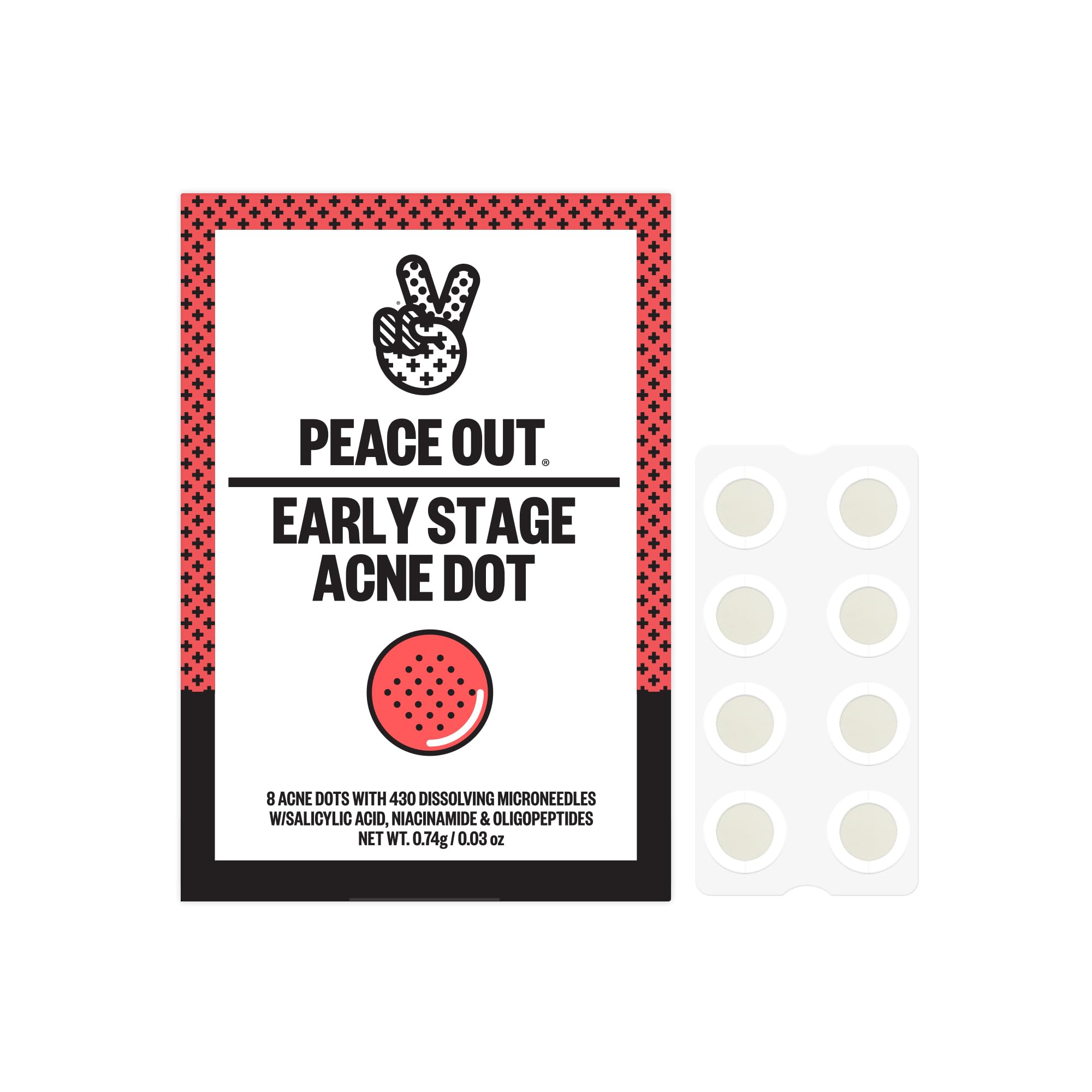 PEACE OUT Early Stage Acne Dots | Hydrocolloid Patches with Dissolving Microneedles & Salicylic Acid, 8 Count